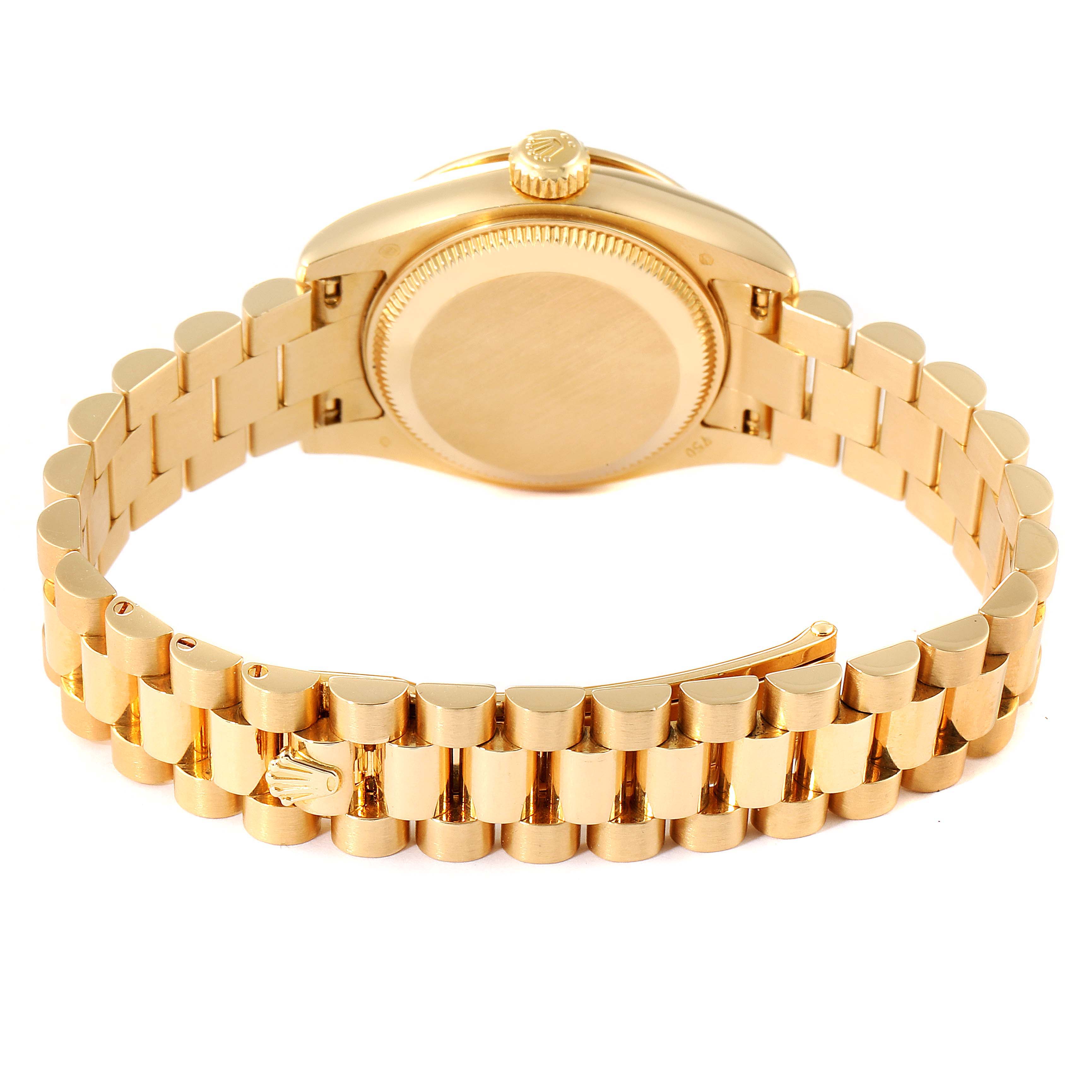 The image shows the back case and the bracelet of the Rolex President 179138 Women
s Yellow Gold Mother of Pearl Dial 179138 Women
s Yellow Gold Mother of Pearl Dial model.