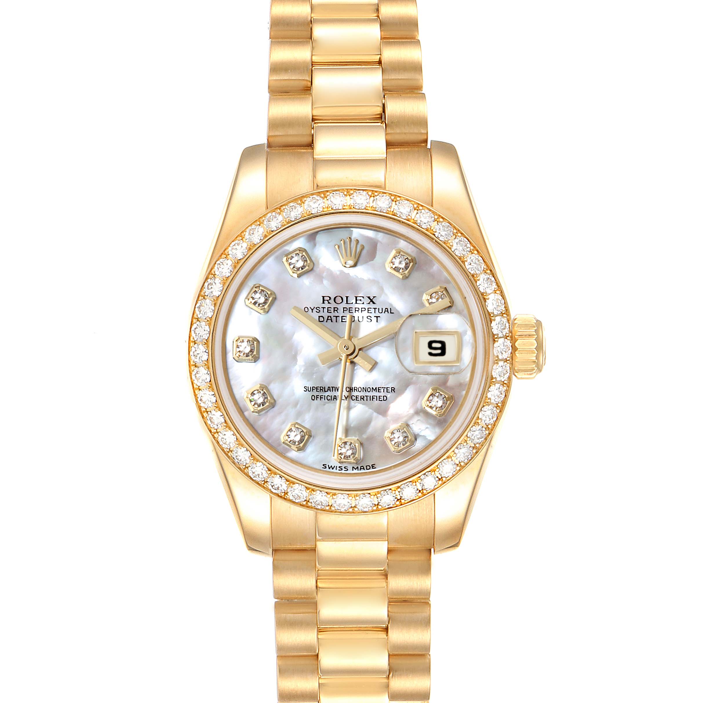 The image shows a front view of the Rolex President 179138 Women
s Yellow Gold Mother of Pearl Dial 179138 Women
s Yellow Gold Mother of Pearl Dial model watch, highlighting its dial, bezel, and bracelet.