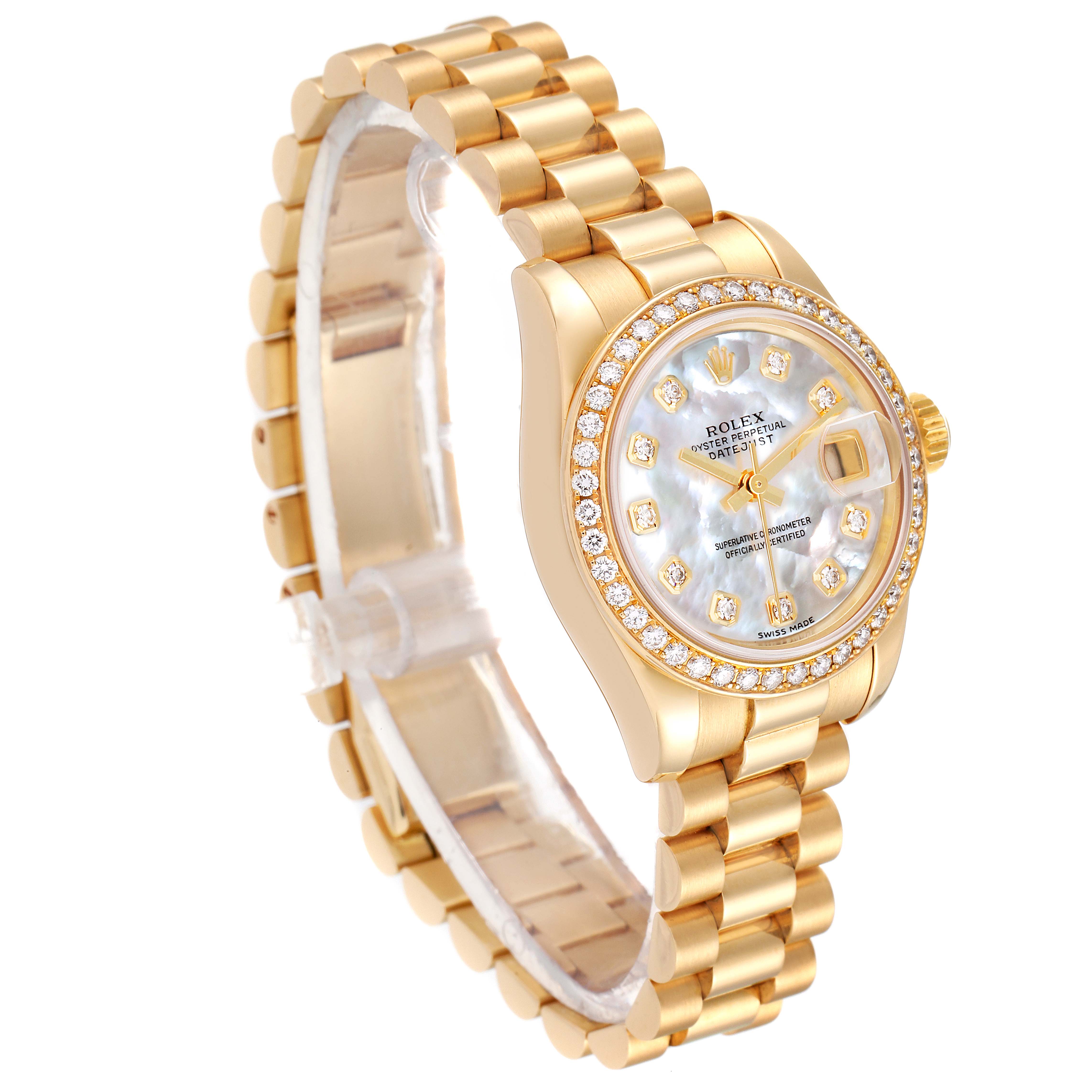The image shows a Rolex President 179138 Women
s Yellow Gold Mother of Pearl Dial 179138 Women
s Yellow Gold Mother of Pearl Dial model watch from an angled side view, highlighting its face, bezel, and linked bracelet.