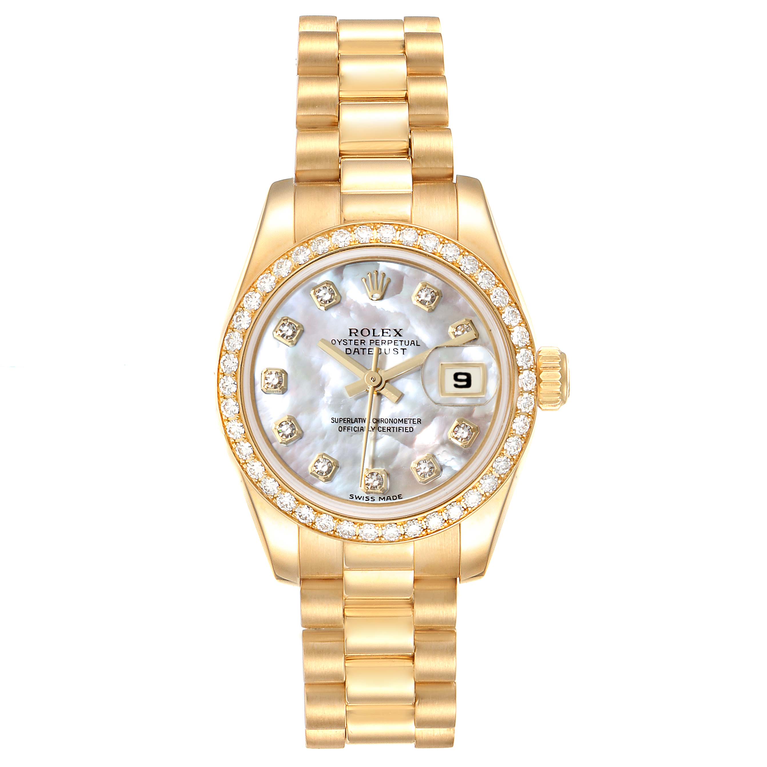 This image shows a Rolex President 179138 Women
s Yellow Gold Mother of Pearl Dial 179138 Women
s Yellow Gold Mother of Pearl Dial model watch from a top-down angle, highlighting its face, bezel, and bracelet.