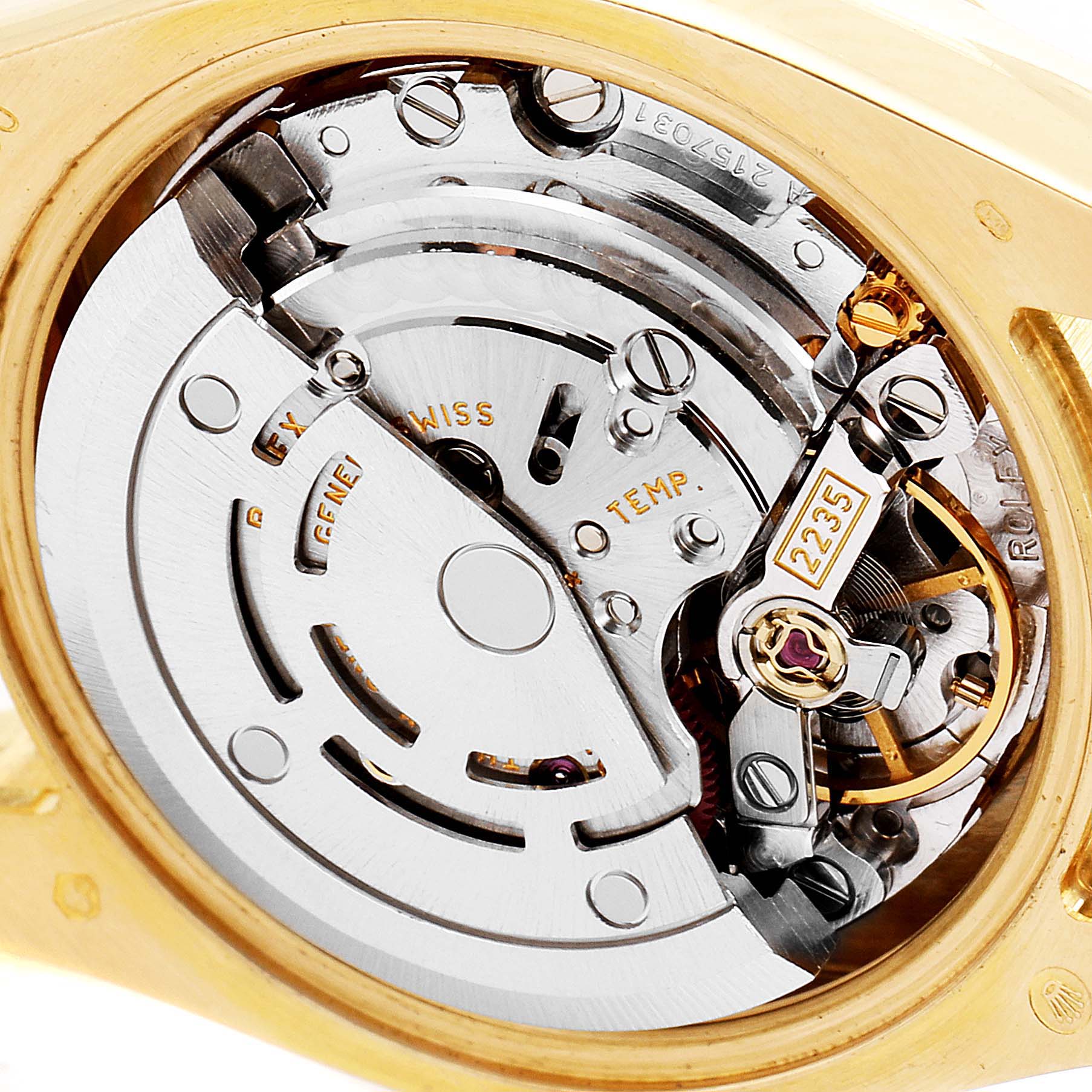 This image shows the internal movement components of a Rolex President 179138 Women
s Yellow Gold Mother of Pearl Dial 179138 Women
s Yellow Gold Mother of Pearl Dial model watch taken from the back.