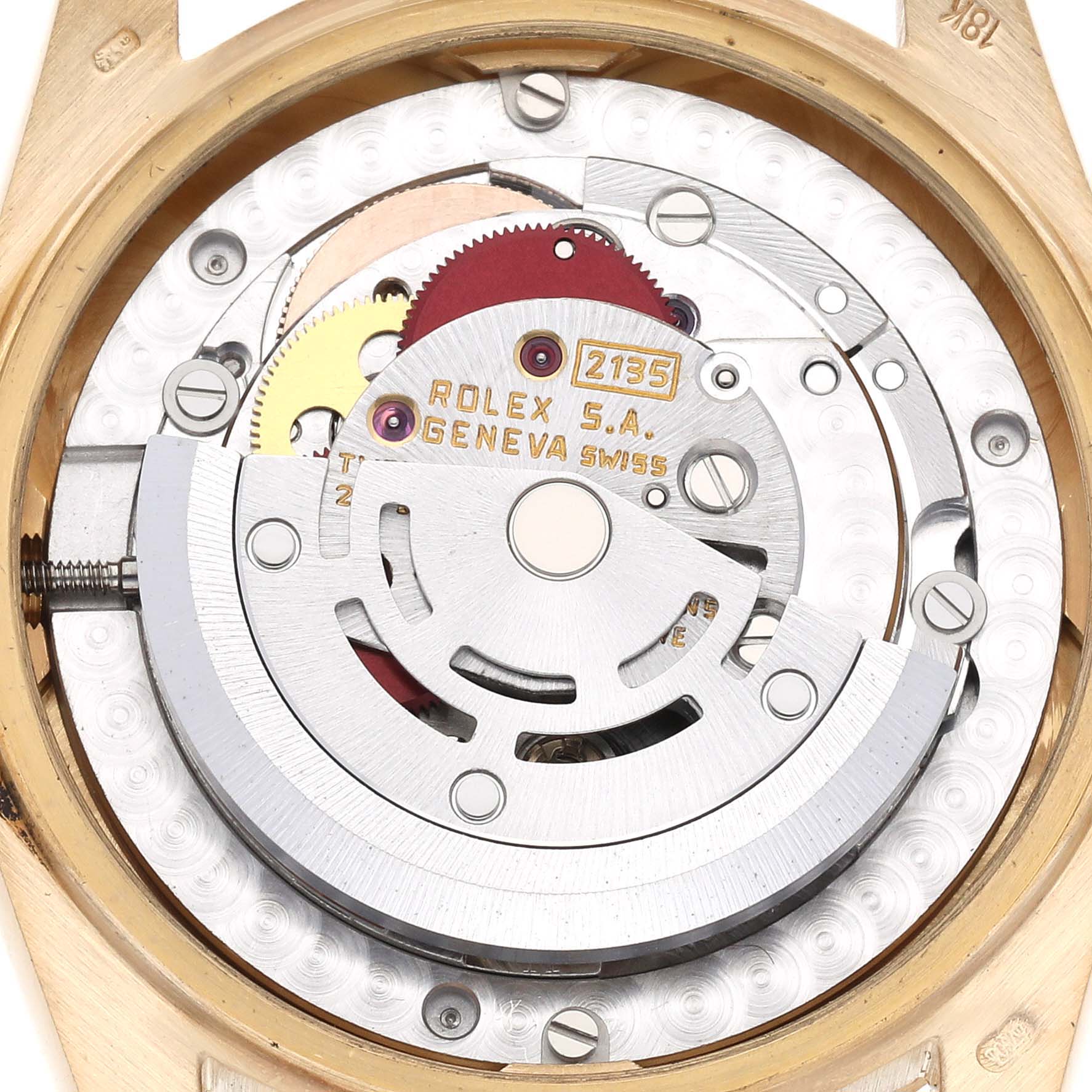 This image shows the intricate internal mechanism of the Rolex President 68278 Women's Yellow Gold Champagne Dial 68278 Women's Yellow Gold Champagne Dial model watch from a top-down angle.
