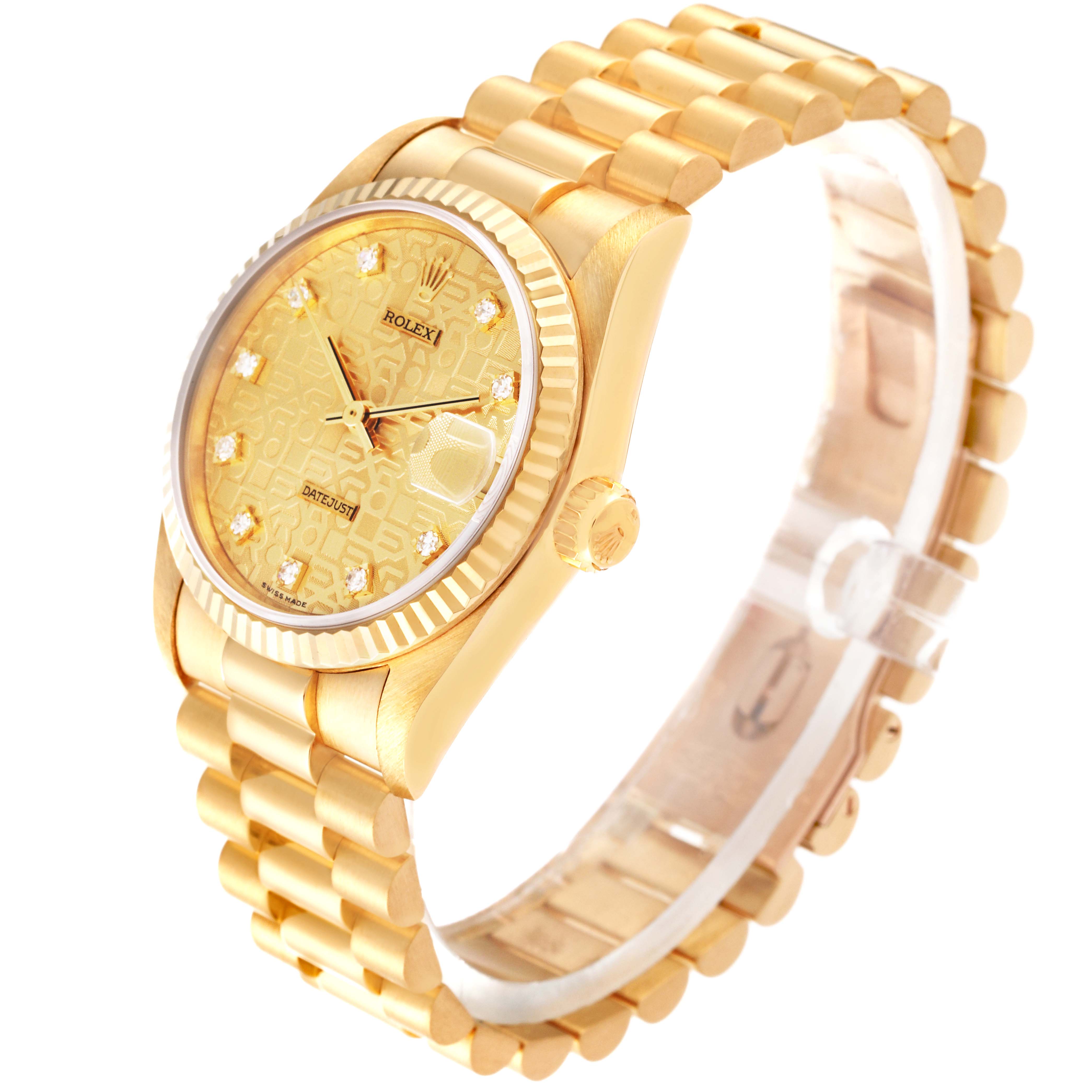 The Rolex President 68278 Women's Yellow Gold Champagne Dial 68278 Women's Yellow Gold Champagne Dial model watch is shown from a tilted angle, displaying its gold band, bezel, and detailed dial.