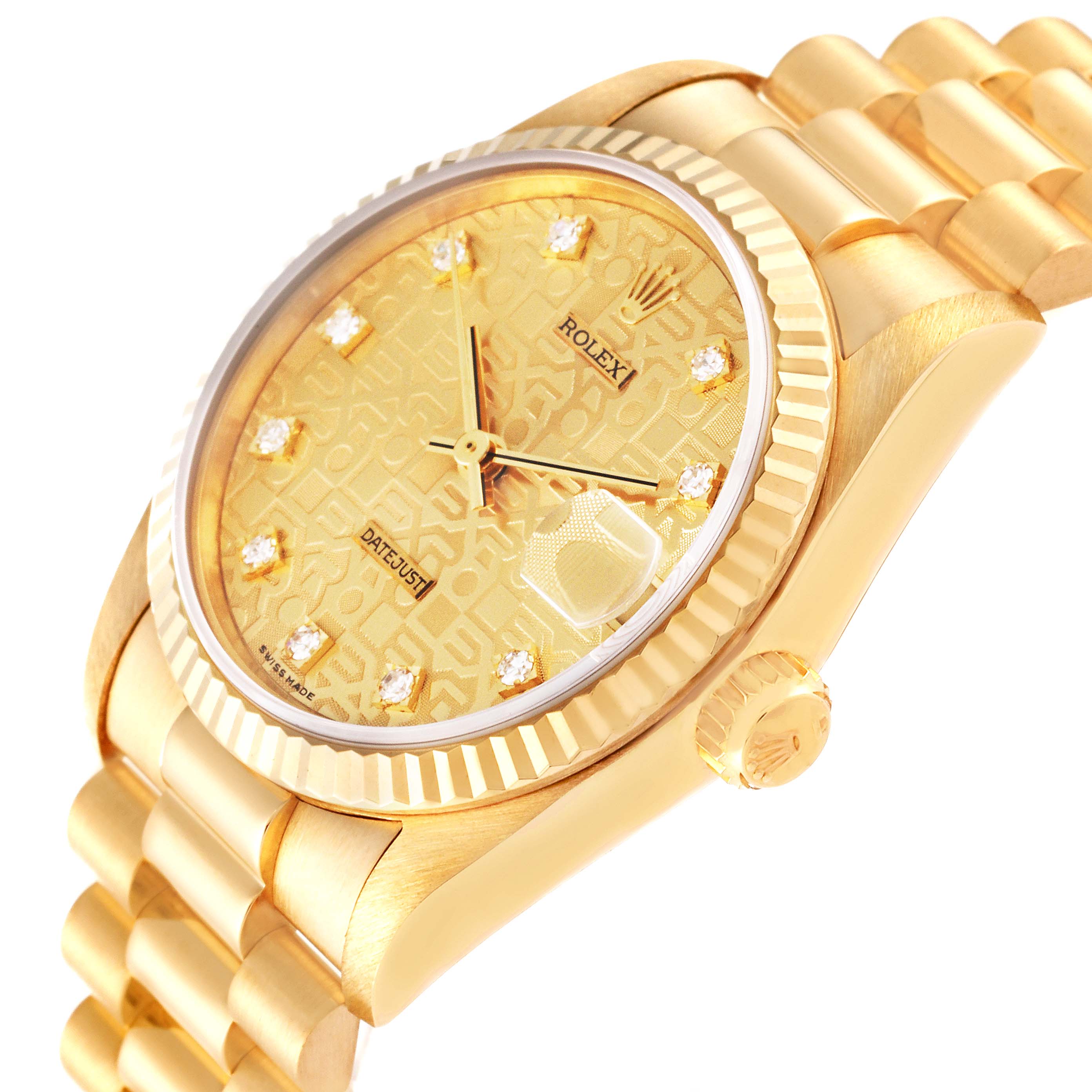 This image shows a side angle of the Rolex President 68278 Women's Yellow Gold Champagne Dial 68278 Women's Yellow Gold Champagne Dial model, highlighting the gold bracelet, fluted bezel, and diamond dial.