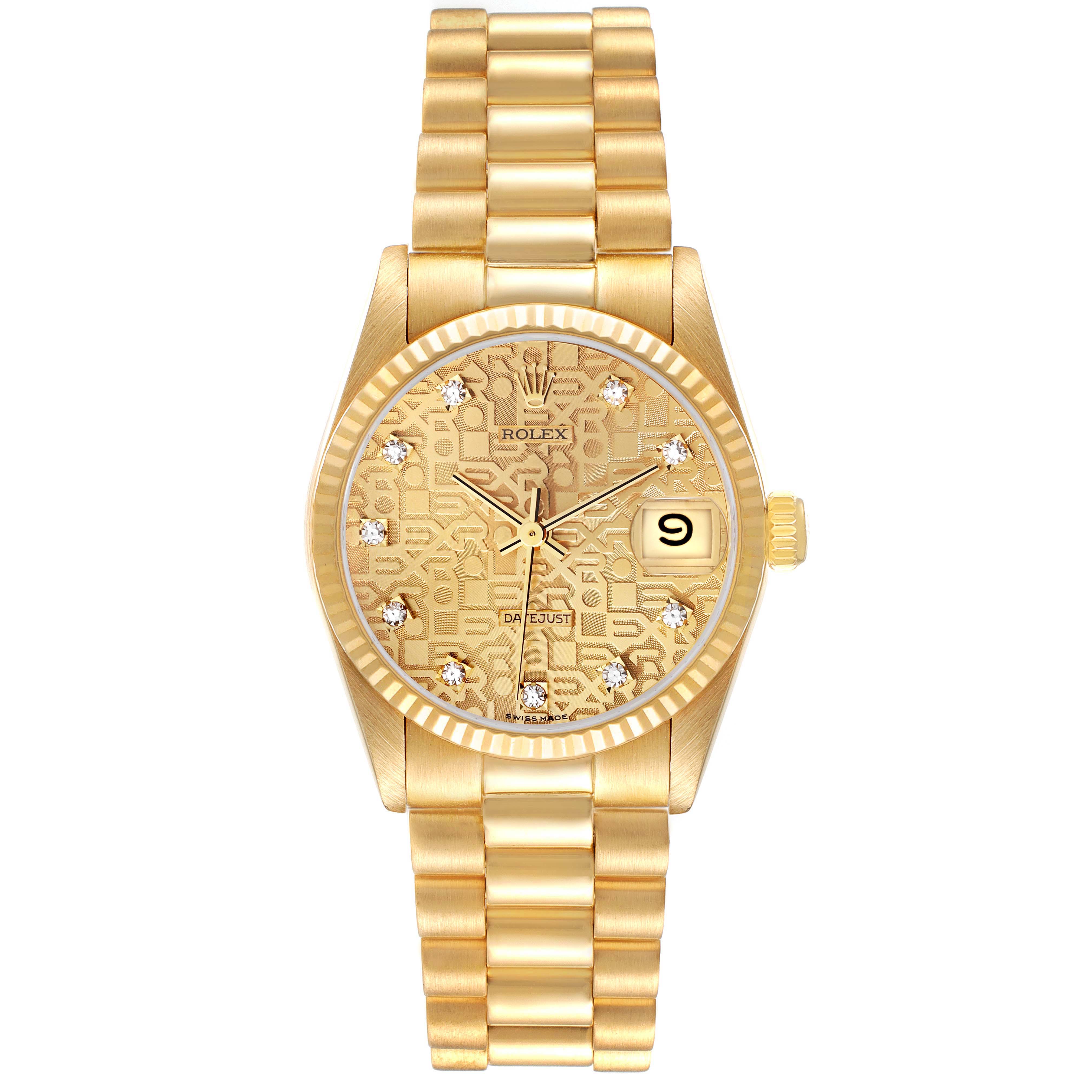 The image shows a front view of a Rolex President 68278 Women's Yellow Gold Champagne Dial 68278 Women's Yellow Gold Champagne Dial model watch displaying its full gold bracelet, dial, and date window.