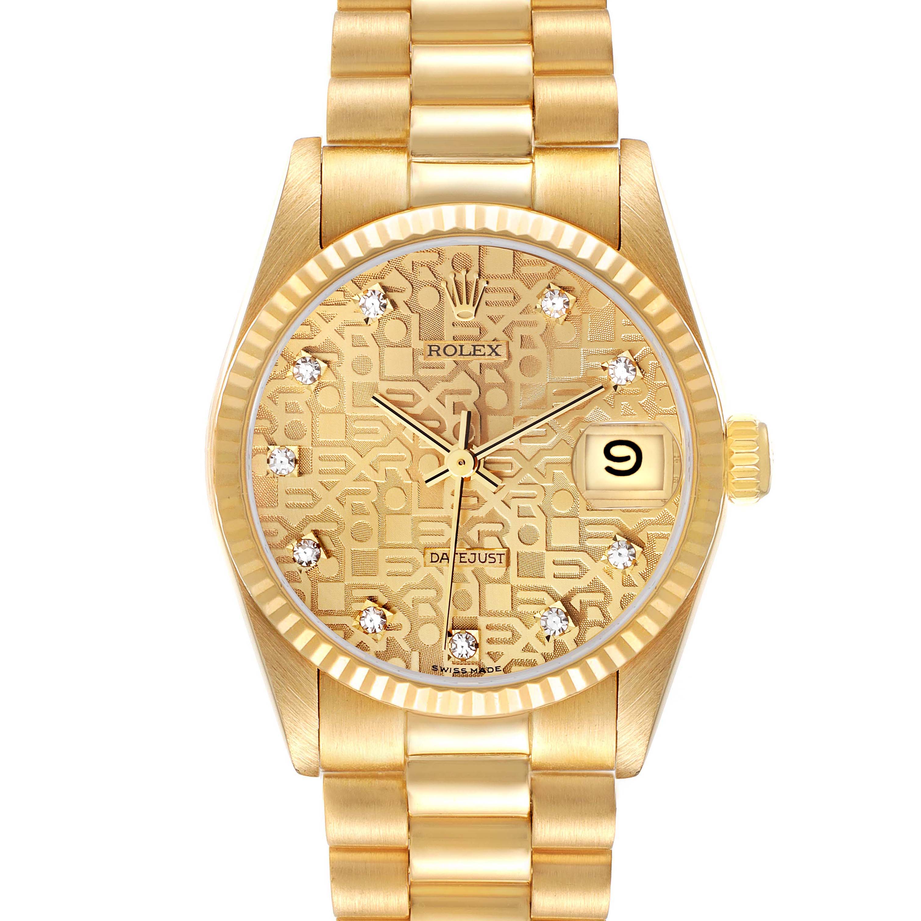 This image shows the Rolex President 68278 Women's Yellow Gold Champagne Dial 68278 Women's Yellow Gold Champagne Dial model watch from a frontal angle, highlighting its dial, hands, bracelet, and date window.