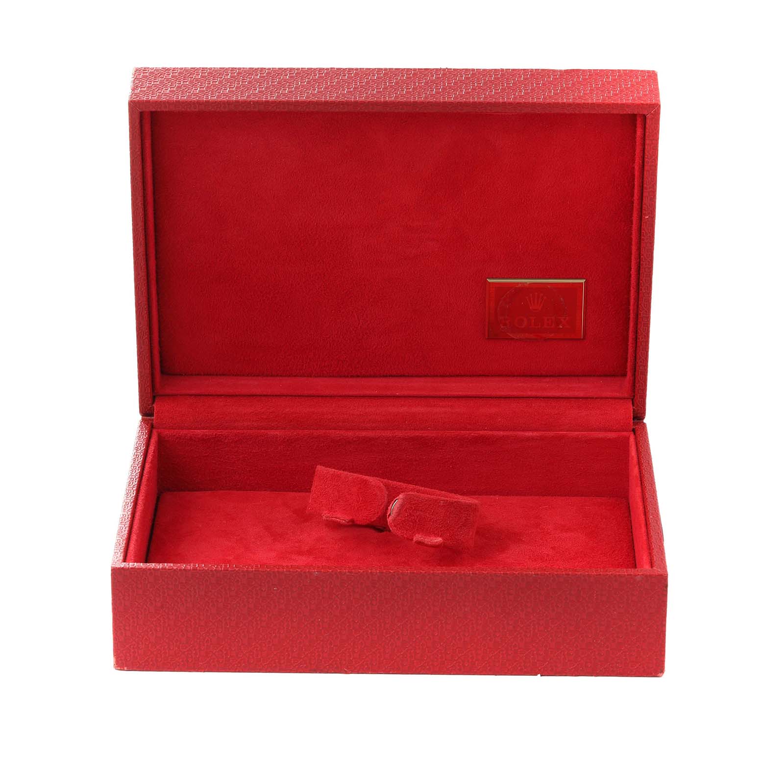 This is an open, empty Rolex box for the President model watch, shown from the front angle.