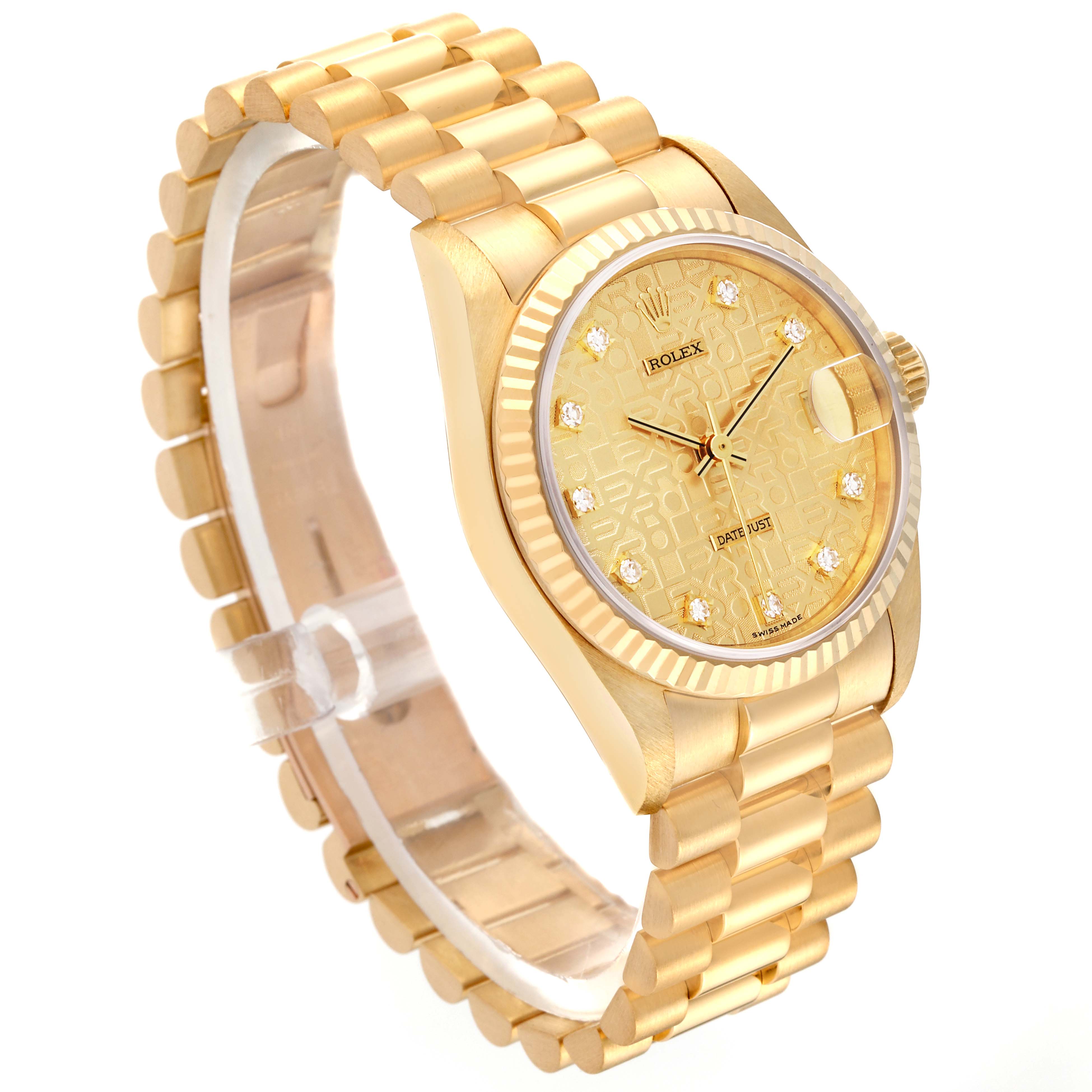 This image shows a side angle of a gold Rolex President 68278 Women's Yellow Gold Champagne Dial 68278 Women's Yellow Gold Champagne Dial model watch with a diamond-studded dial and fluted bezel.