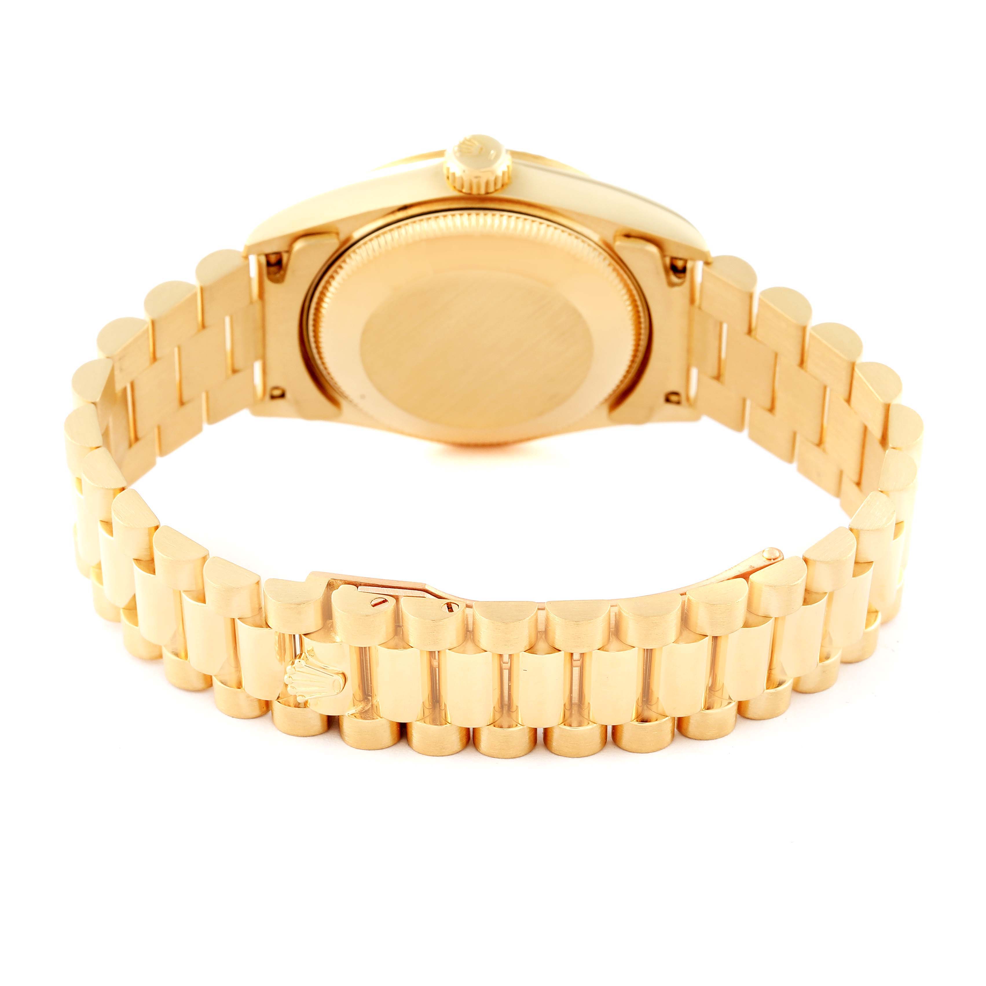 The image shows the back view of the Rolex President 68278 Women's Yellow Gold Champagne Dial 68278 Women's Yellow Gold Champagne Dial model watch, highlighting the gold bracelet and caseback.