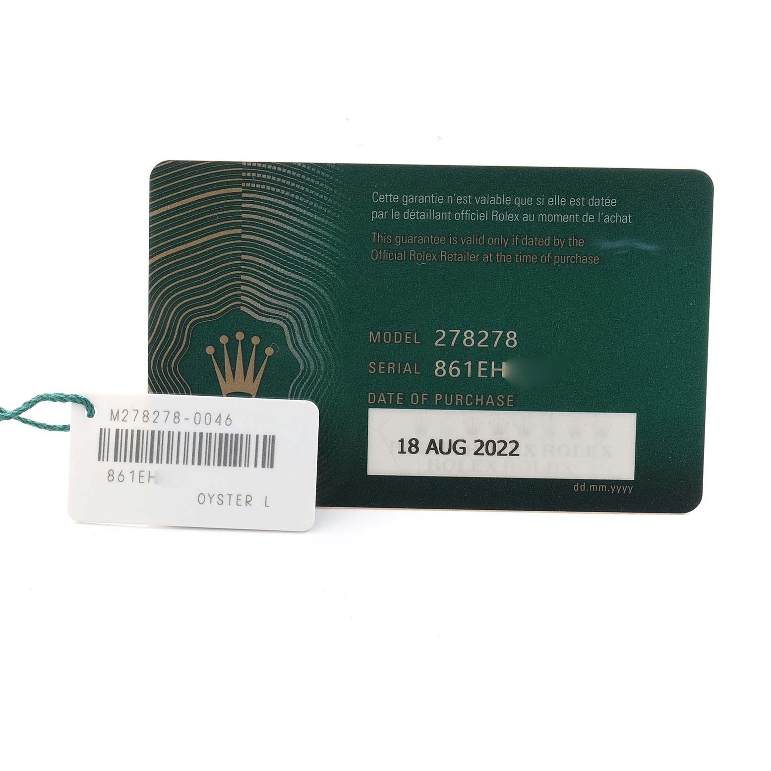 The image shows a warranty card and tag for the Rolex President 278278 Women
s Yellow Gold Green Dial model.