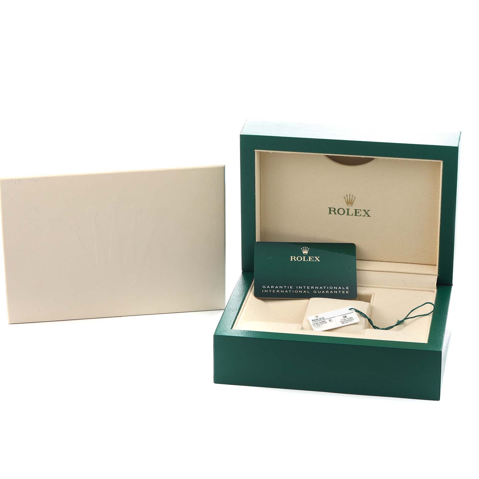 The image shows the packaging and warranty card of a Rolex President 278278 Women
s Yellow Gold Green Dial model, including a green box and certificate.