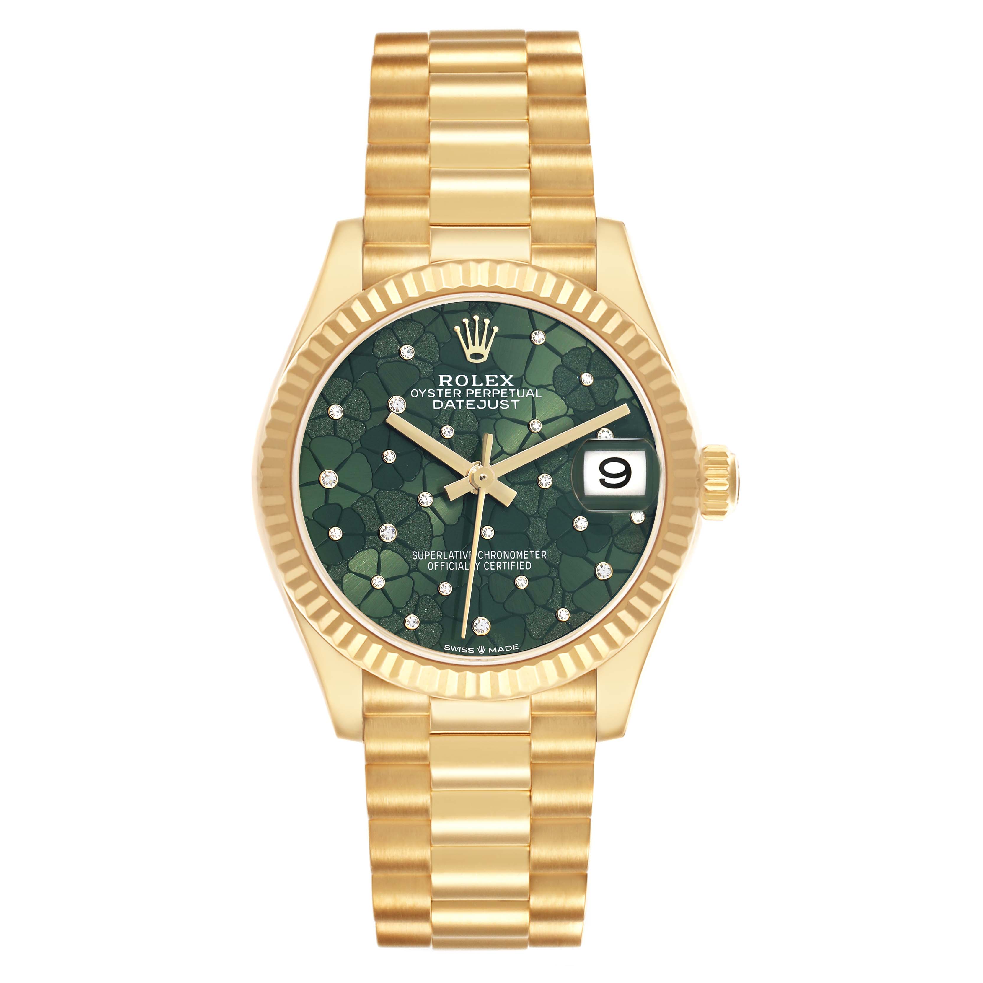 The Rolex President 278278 Women
s Yellow Gold Green Dial model is shown from the front, displaying the gold bracelet, green dial, and date feature.