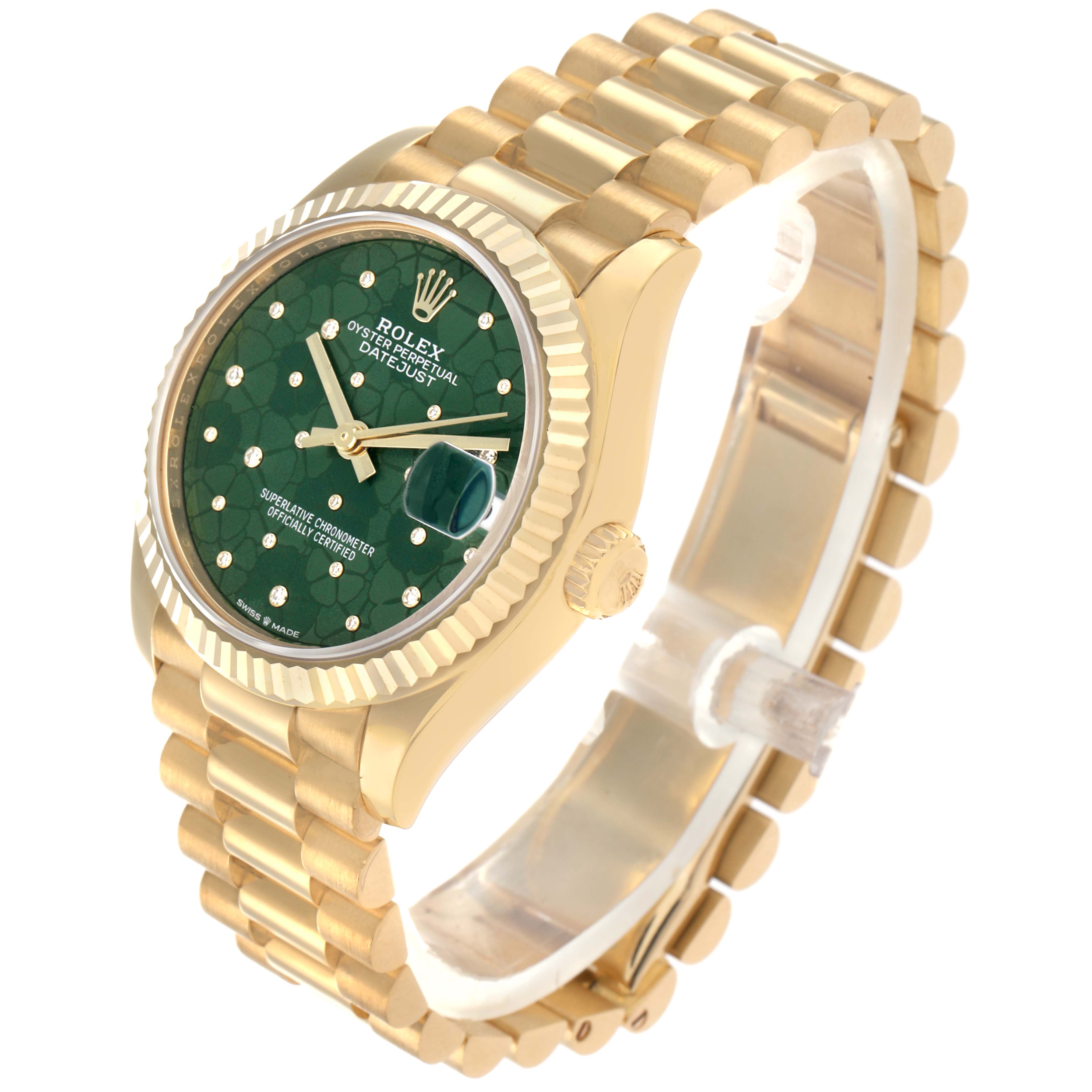 The Rolex President 278278 Women
s Yellow Gold Green Dial model is shown at a 3/4 angle, displaying the watch face, bracelet, and crown.