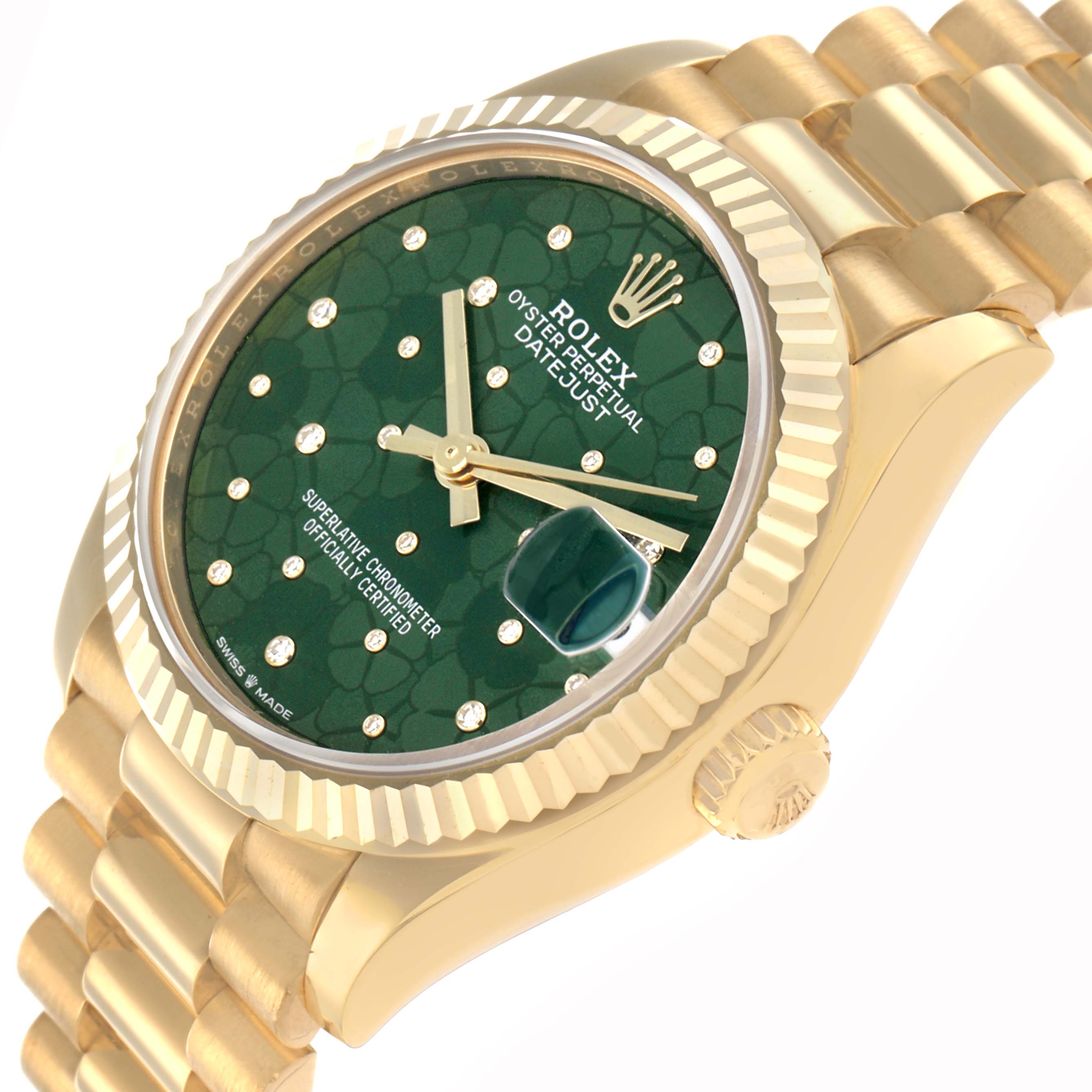 The Rolex President 278278 Women
s Yellow Gold Green Dial watch is shown at an angled side view, highlighting the green dial, gold fluted bezel, and linked bracelet.