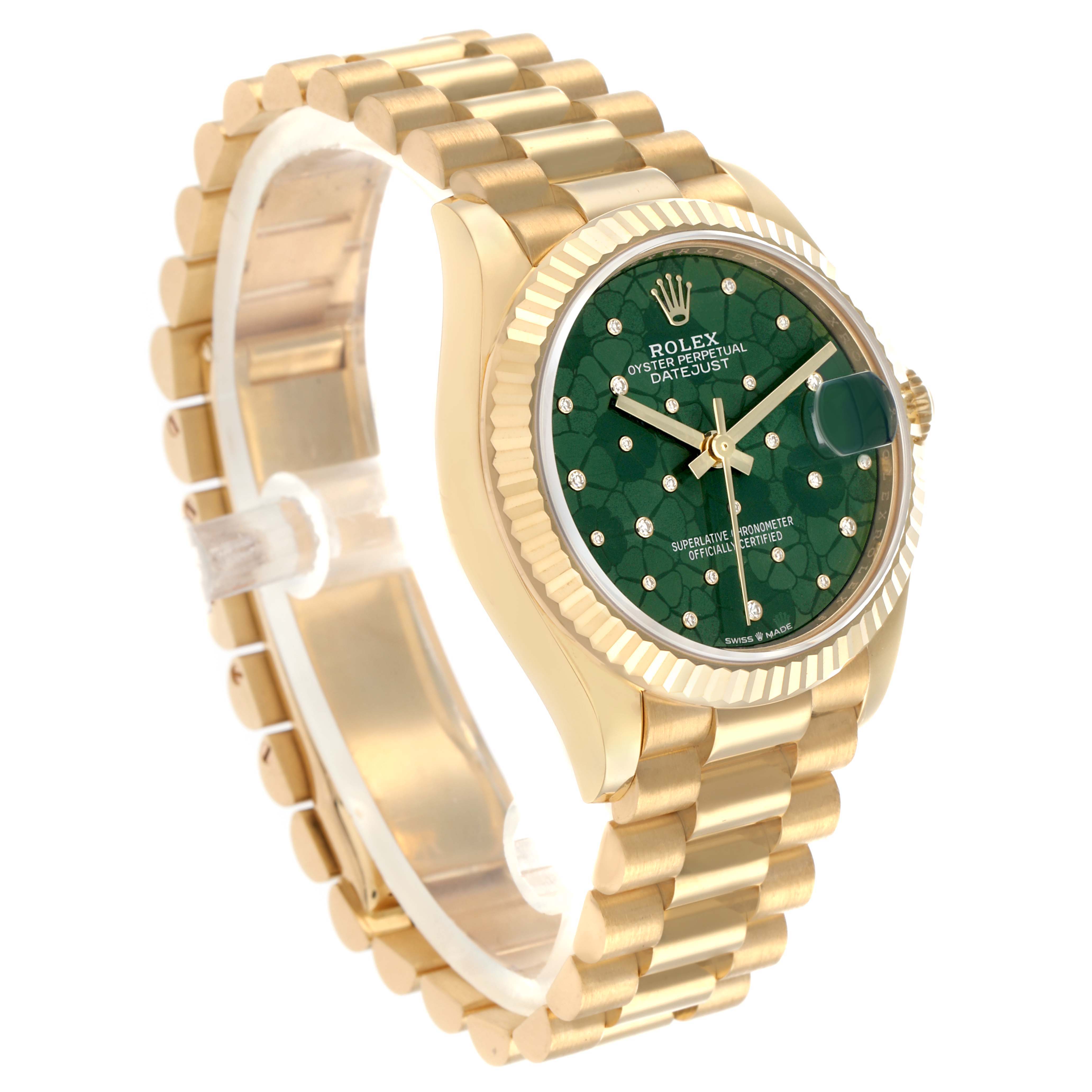 The Rolex President 278278 Women
s Yellow Gold Green Dial model watch is shown at a three-quarter angle, highlighting the green dial, case, and bracelet.