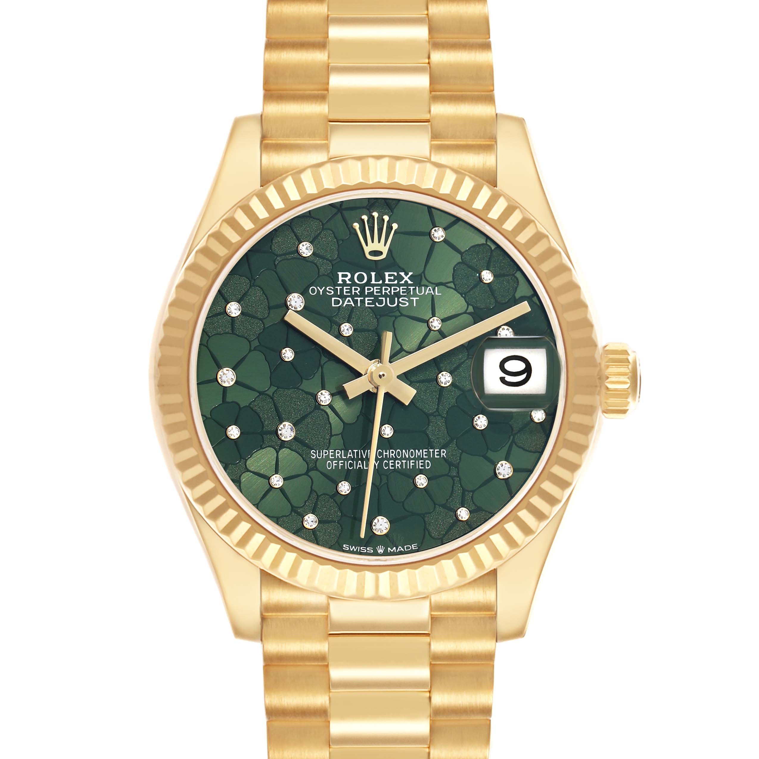The Rolex President 278278 Women
s Yellow Gold Green Dial model watch is shown from a front angle, displaying its green dial, date window, and gold bracelet.