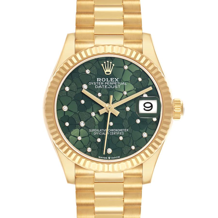 The Rolex President 278278 Women's Yellow Gold Green Dial model watch is shown from a front angle, displaying its green dial, date window, and gold bracelet.