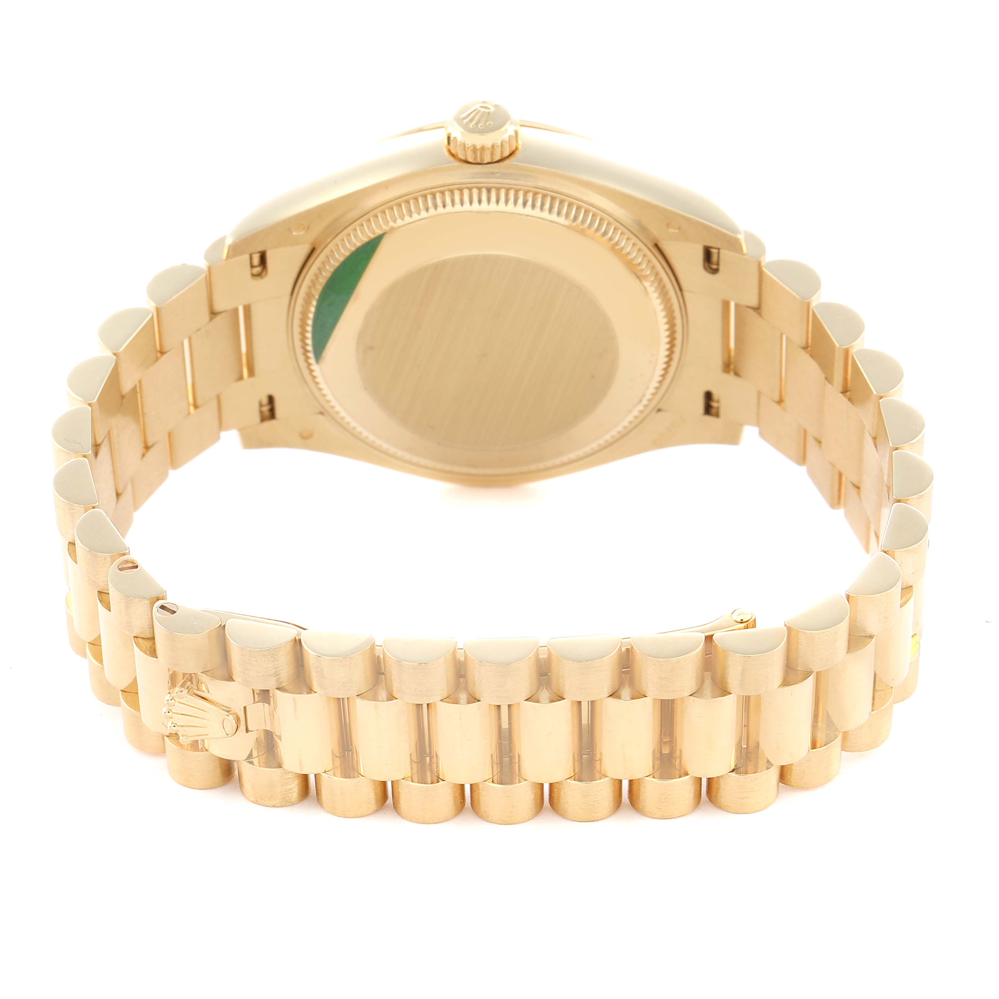 The Rolex President 278278 Women
s Yellow Gold Green Dial watch is shown from the back, highlighting the case back, crown, and bracelet.