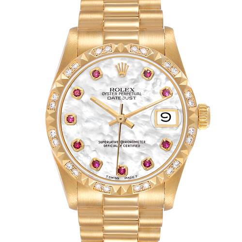 Photo of Rolex President Midsize Yellow Gold Mother of Pearl Ruby Dial Watch 68258