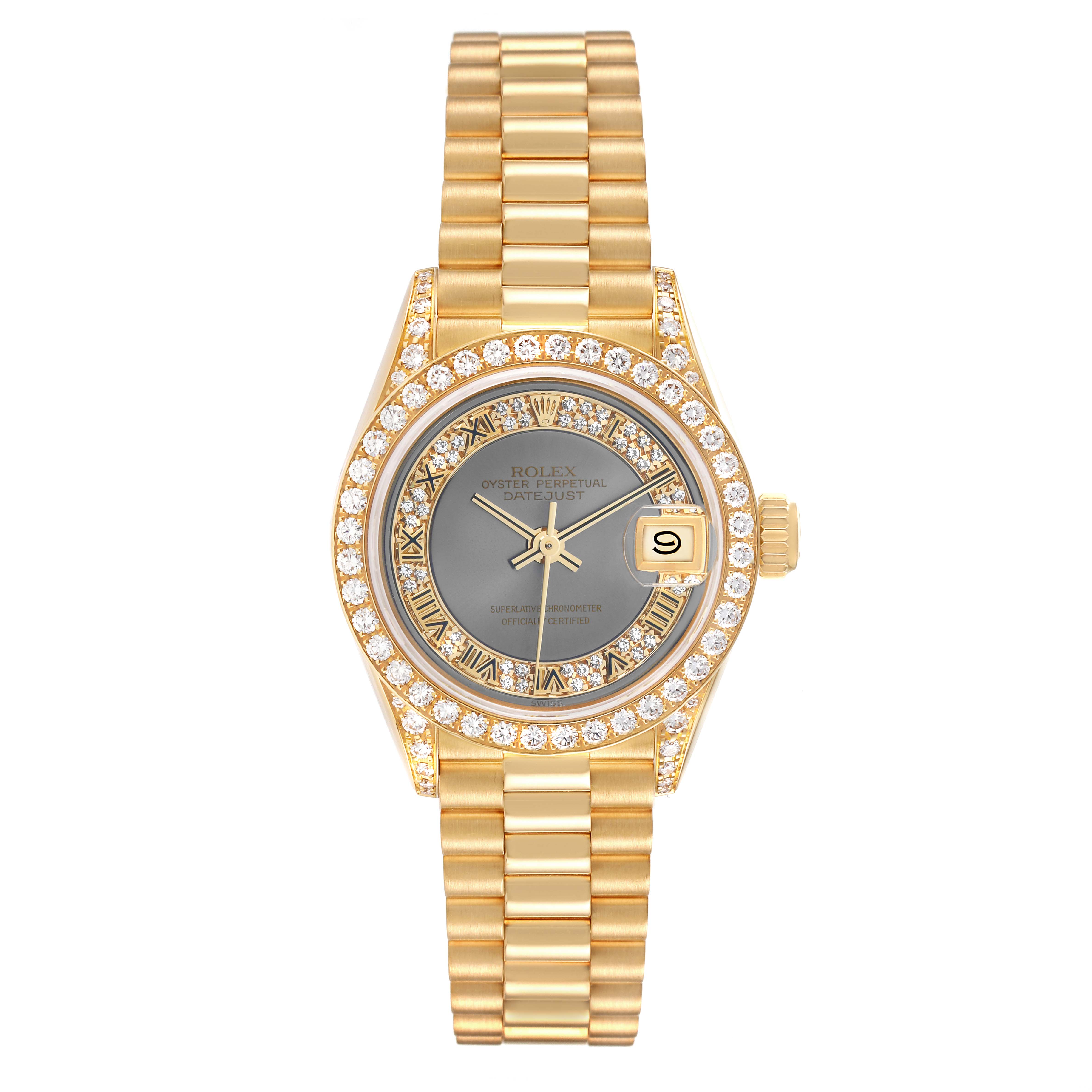 The Rolex President 69158 Women
s Yellow Gold Grey Dial model watch is shown from the front, highlighting the bracelet, bezel, dial, and date window.