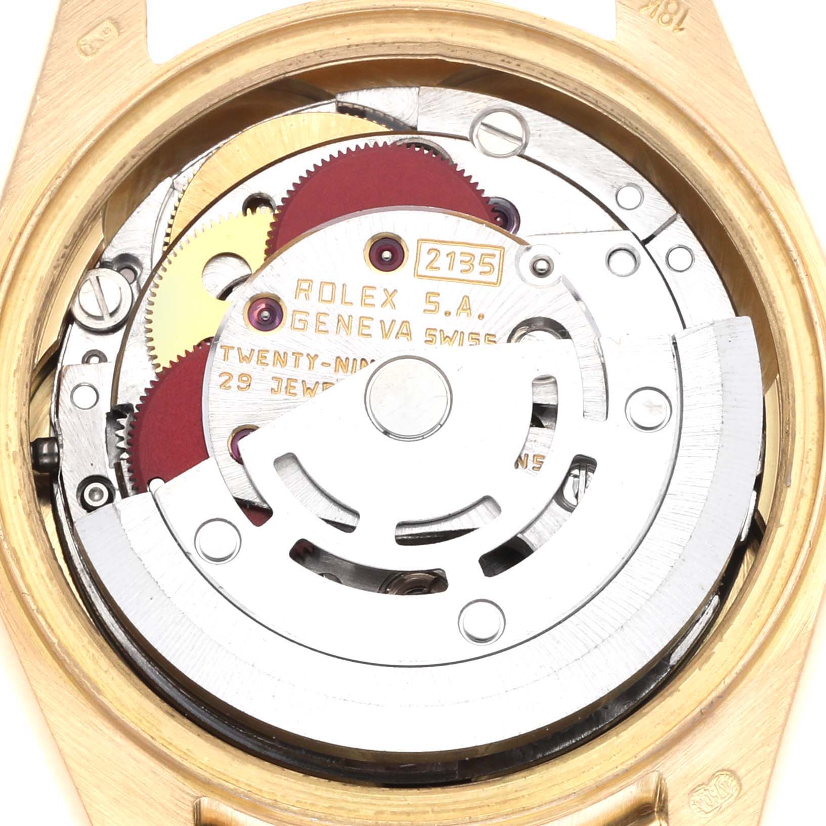 The image shows the inner movement of the Rolex President 69158 Women
s Yellow Gold Grey Dial model, viewed from the back case.