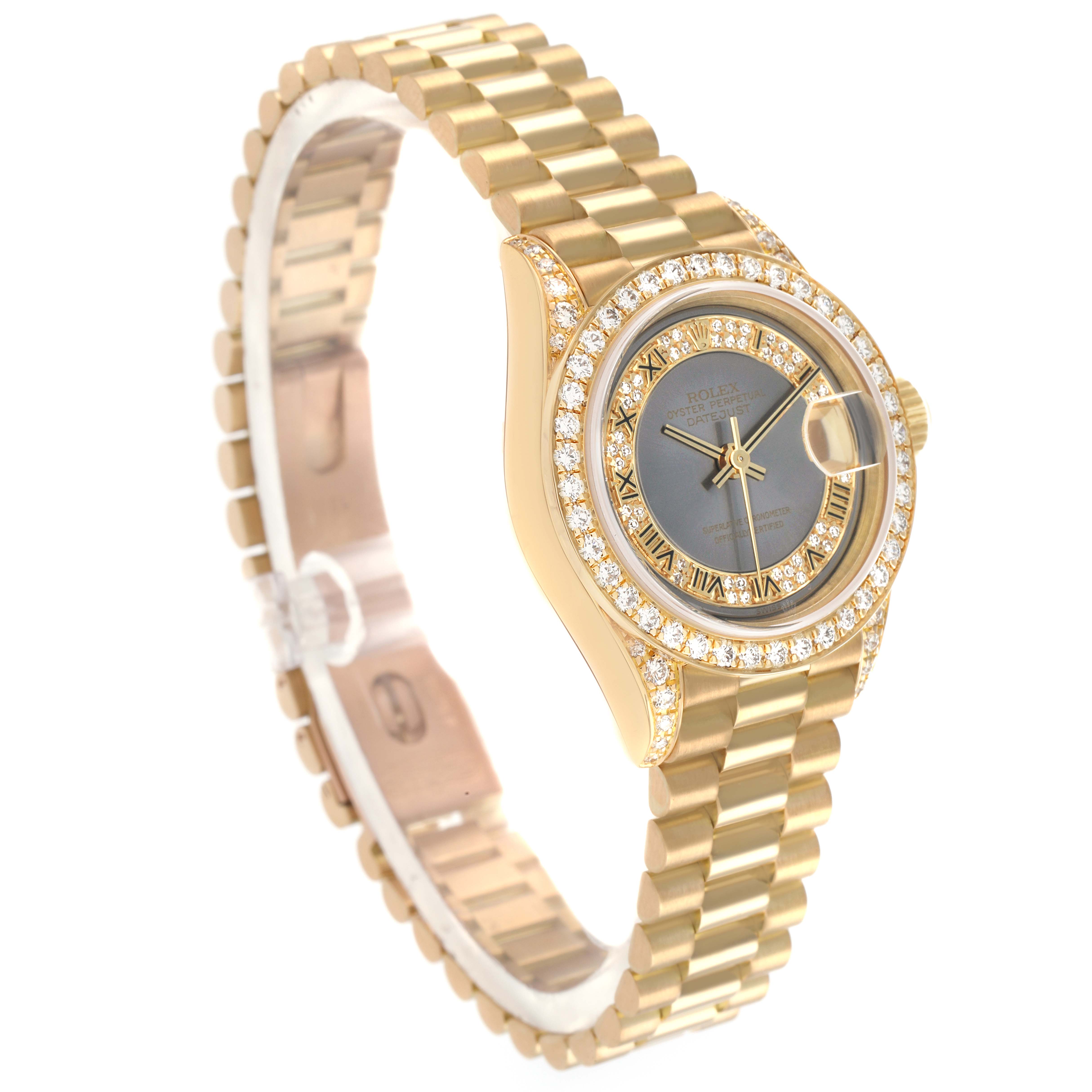 The Rolex President 69158 Women
s Yellow Gold Grey Dial model watch is shown from an angled view, highlighting the gold bracelet, bezel with diamonds, and dial details.
