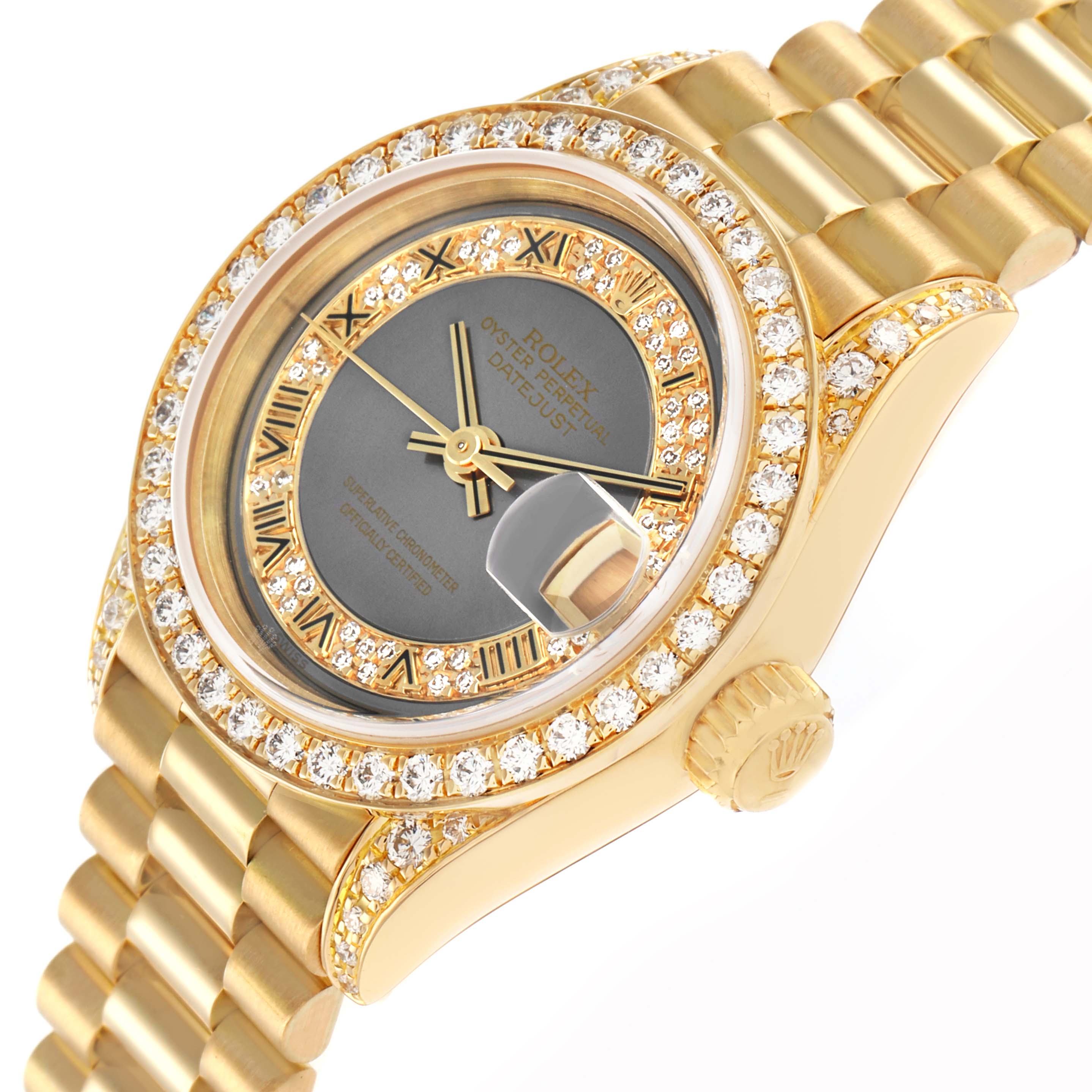 The Rolex President 69158 Women
s Yellow Gold Grey Dial model watch is shown at an angle highlighting its diamond bezel, face, crown, and part of the bracelet.