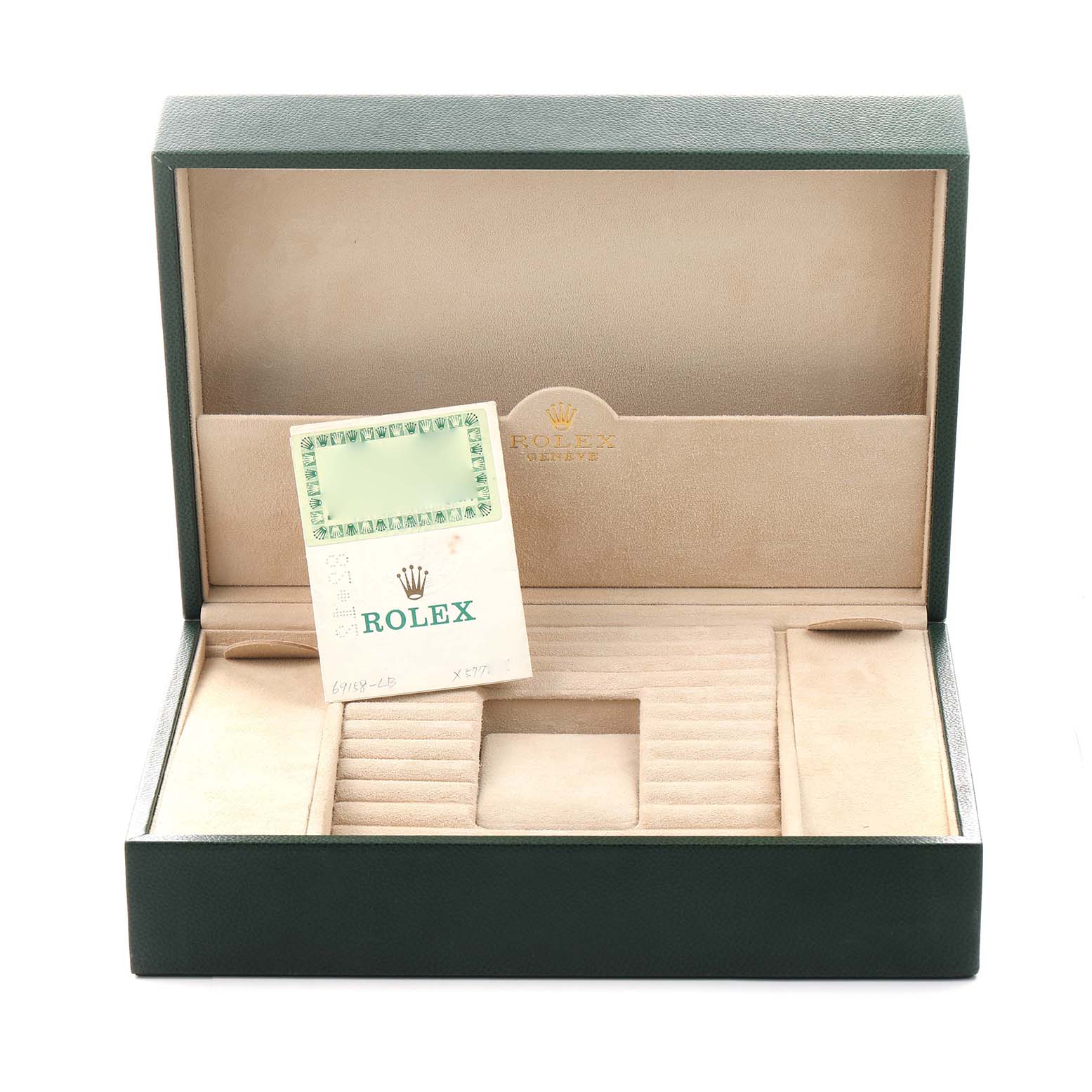 The image shows an open Rolex President 69158 Women
s Yellow Gold Grey Dial watch box at a straight-on angle, displaying its interior compartments and papers.