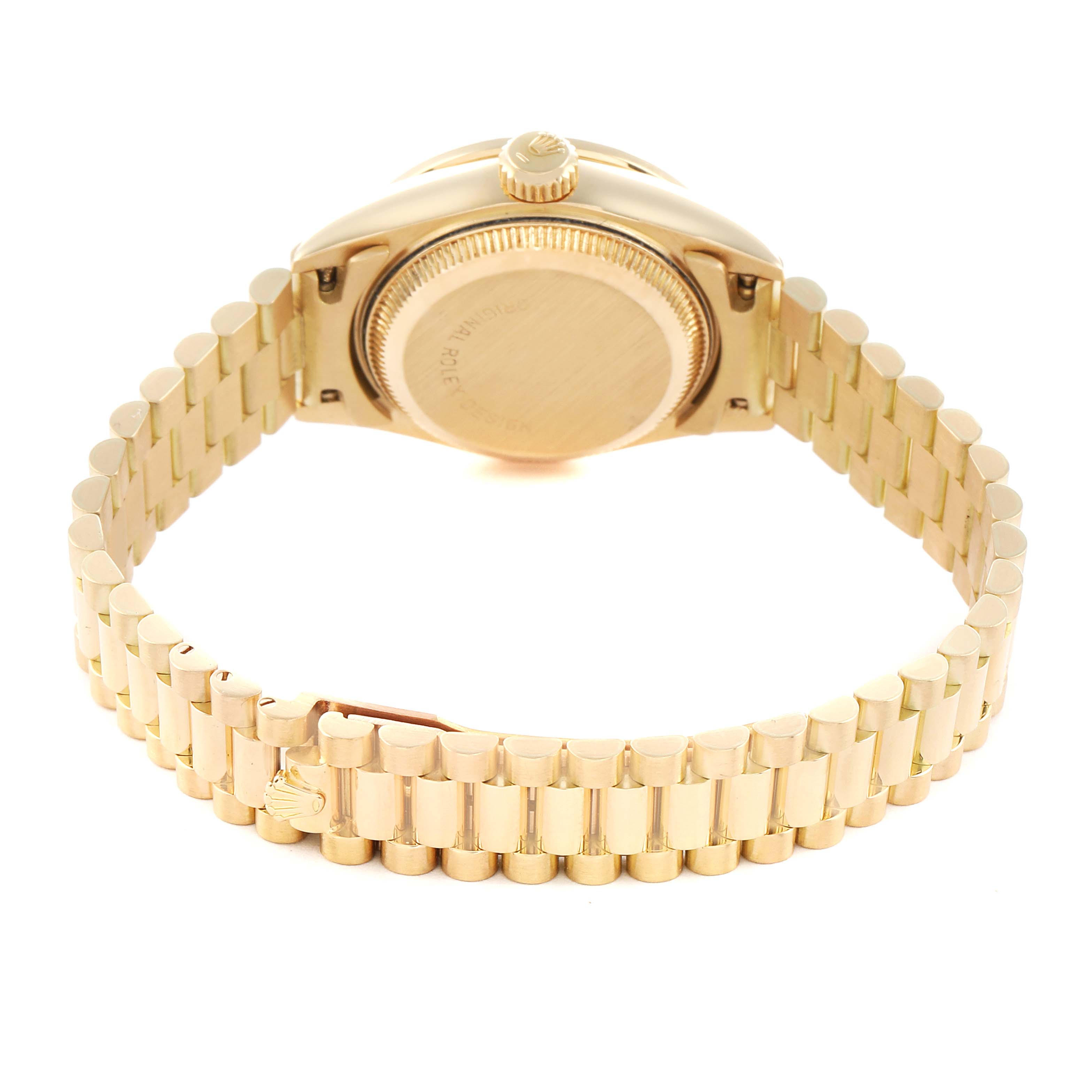 The image shows the back of a Rolex President 69158 Women
s Yellow Gold Grey Dial model watch, including the case back and gold bracelet.