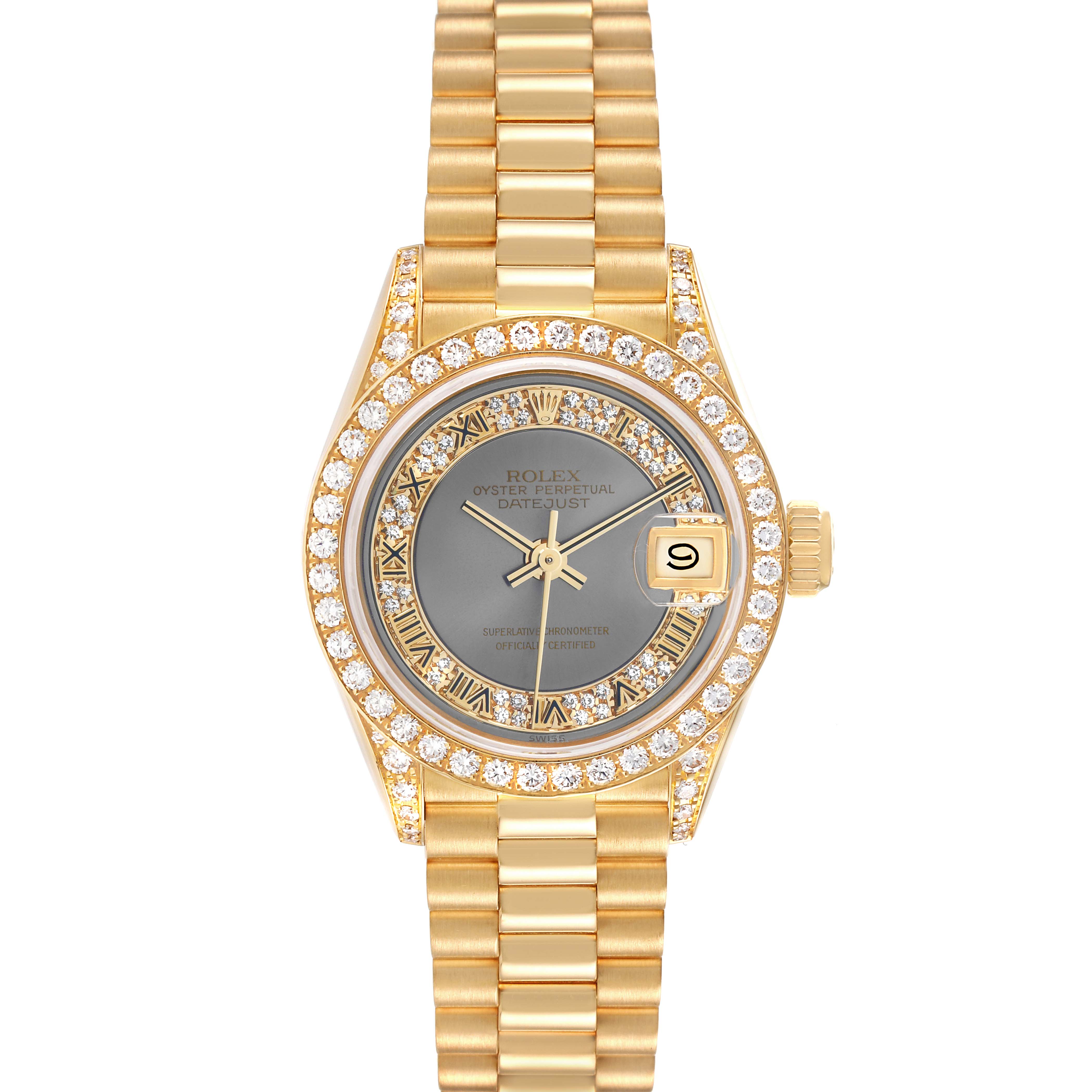 The Rolex President 69158 Women
s Yellow Gold Grey Dial watch is shown from the front, featuring a diamond bezel, gold bracelet, and date display.