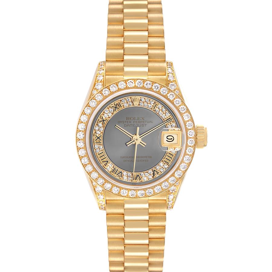 The Rolex President 69158 Women's Yellow Gold Grey Dial watch is shown from the front, featuring a diamond bezel, gold bracelet, and date display.