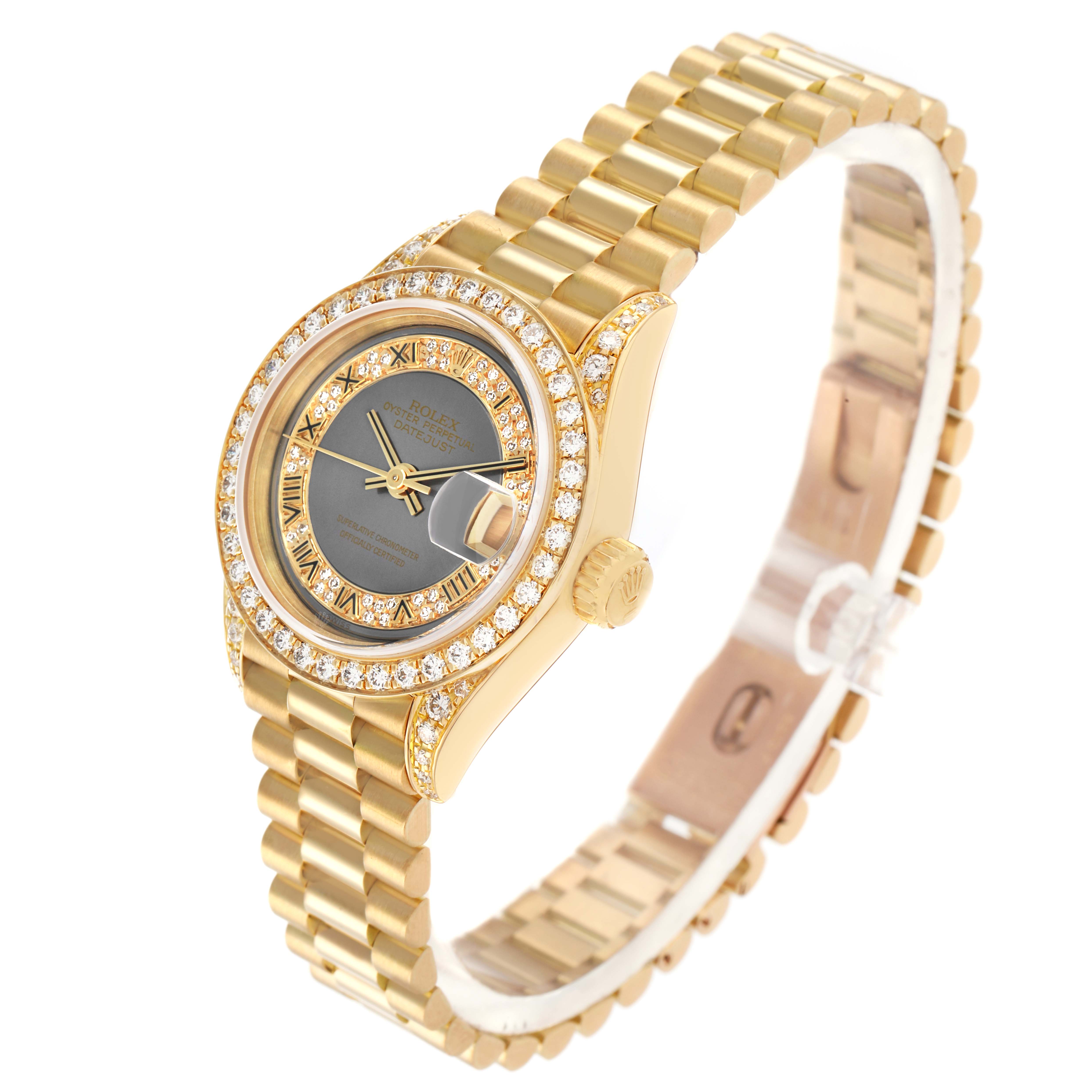 The Rolex President 69158 Women
s Yellow Gold Grey Dial model watch is shown at a slight angle, highlighting its gold band, diamond bezel, and grey dial.