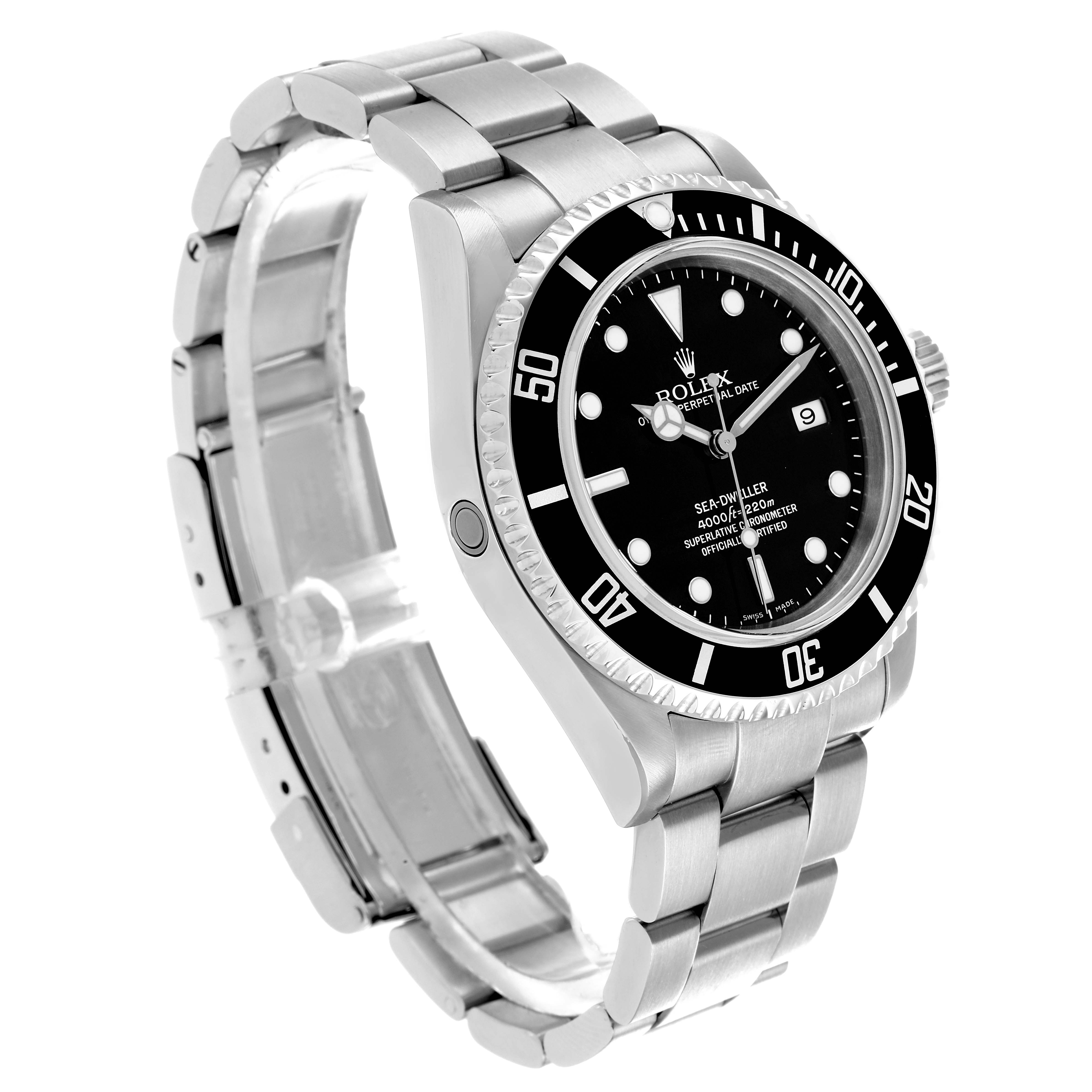 The Rolex Sea-Dweller 16600 Men's Stainless Steel Black Dial watch is shown at a three-quarter angle, displaying the bracelet, bezel, and face with date feature.