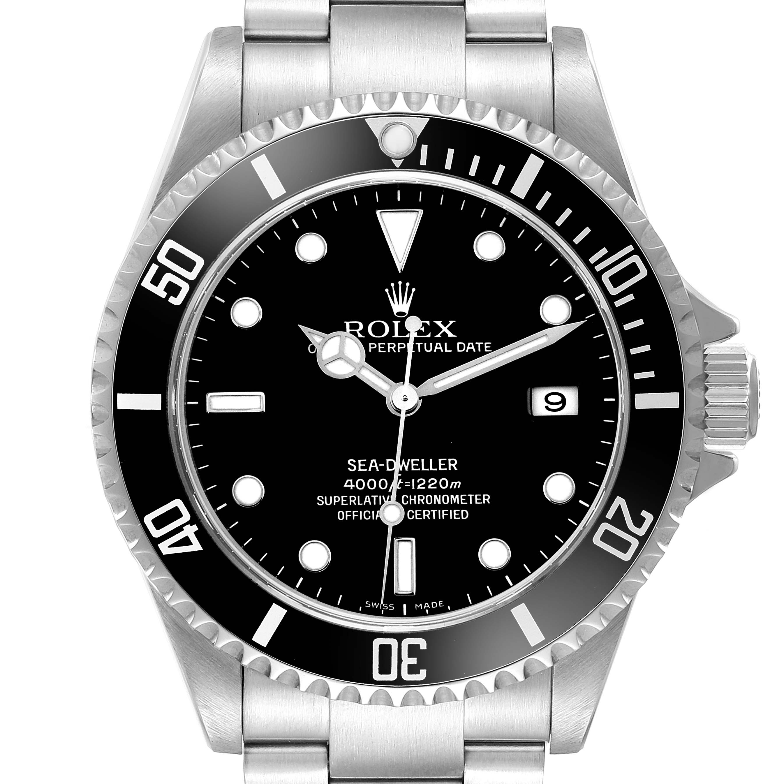 The Rolex Sea-Dweller 16600 Men's Stainless Steel Black Dial watch is shown from a top view, displaying its bezel, dial, crown, and bracelet.
