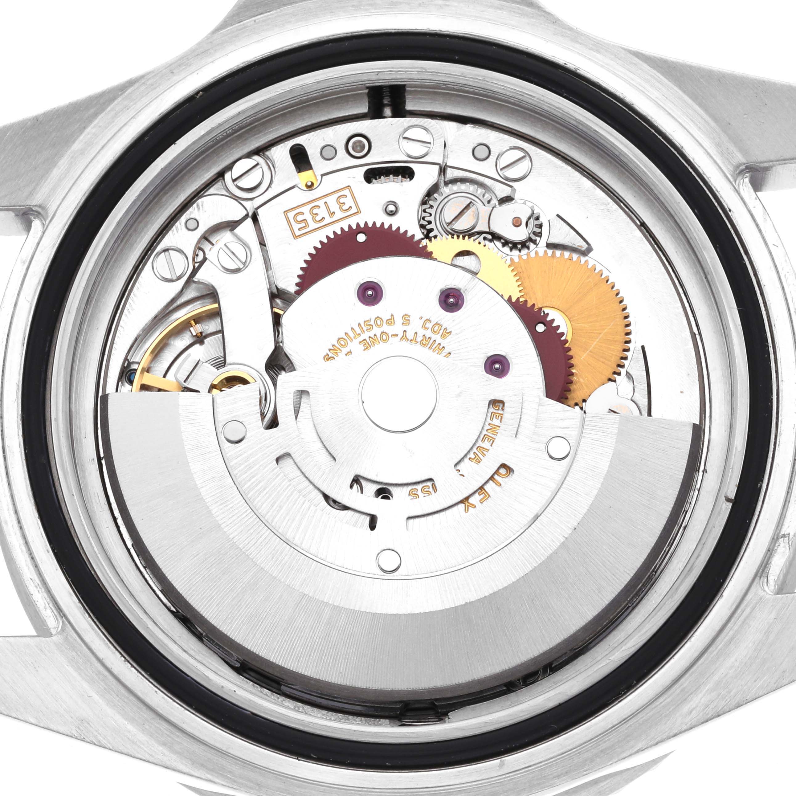 The image shows the back view of a Rolex Sea-Dweller 16600 Men's Stainless Steel Black Dial, displaying its intricate movement and inner components.