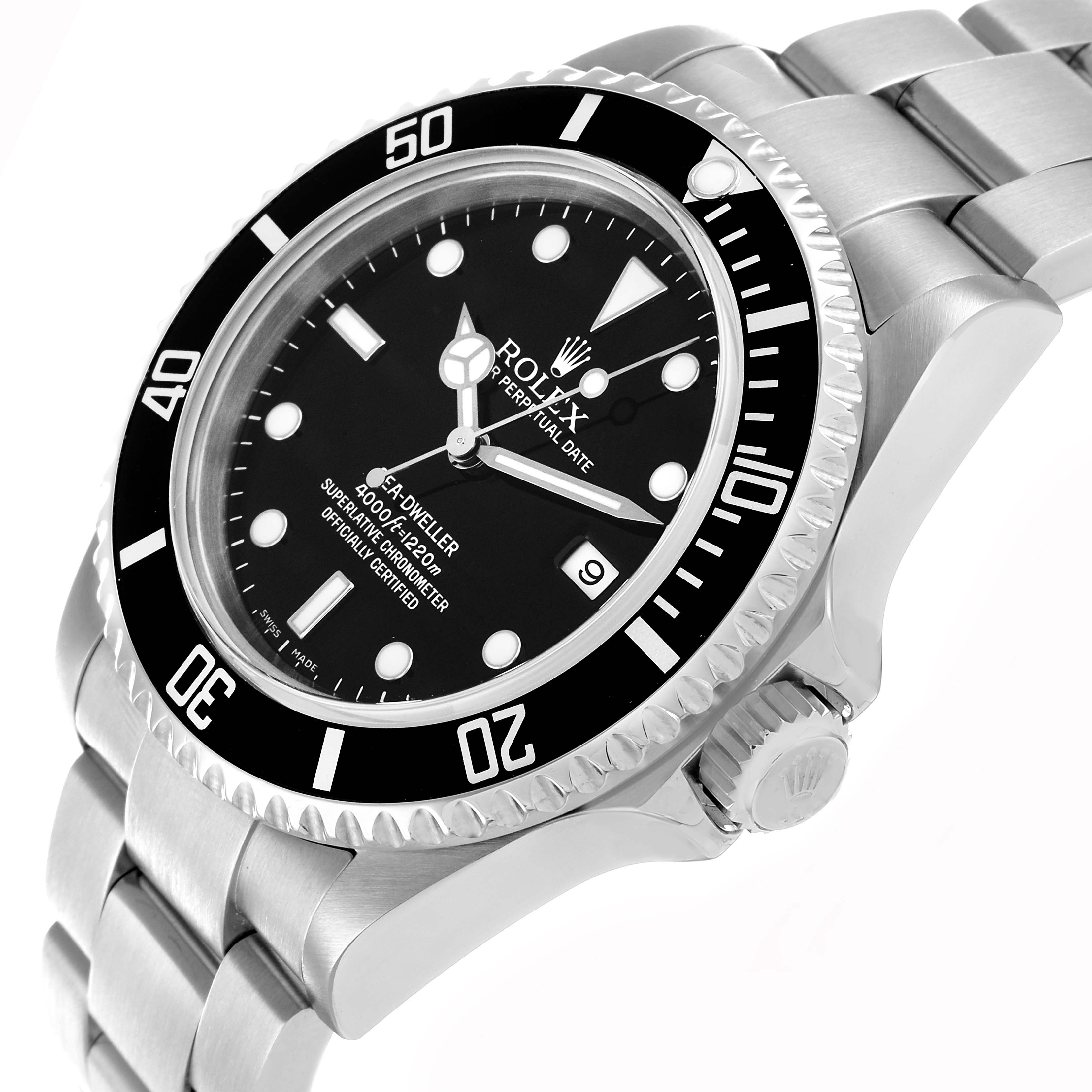 The Rolex Sea-Dweller 16600 Men's Stainless Steel Black Dial watch is shown at a three-quarter angle, highlighting the face, bezel, and bracelet.