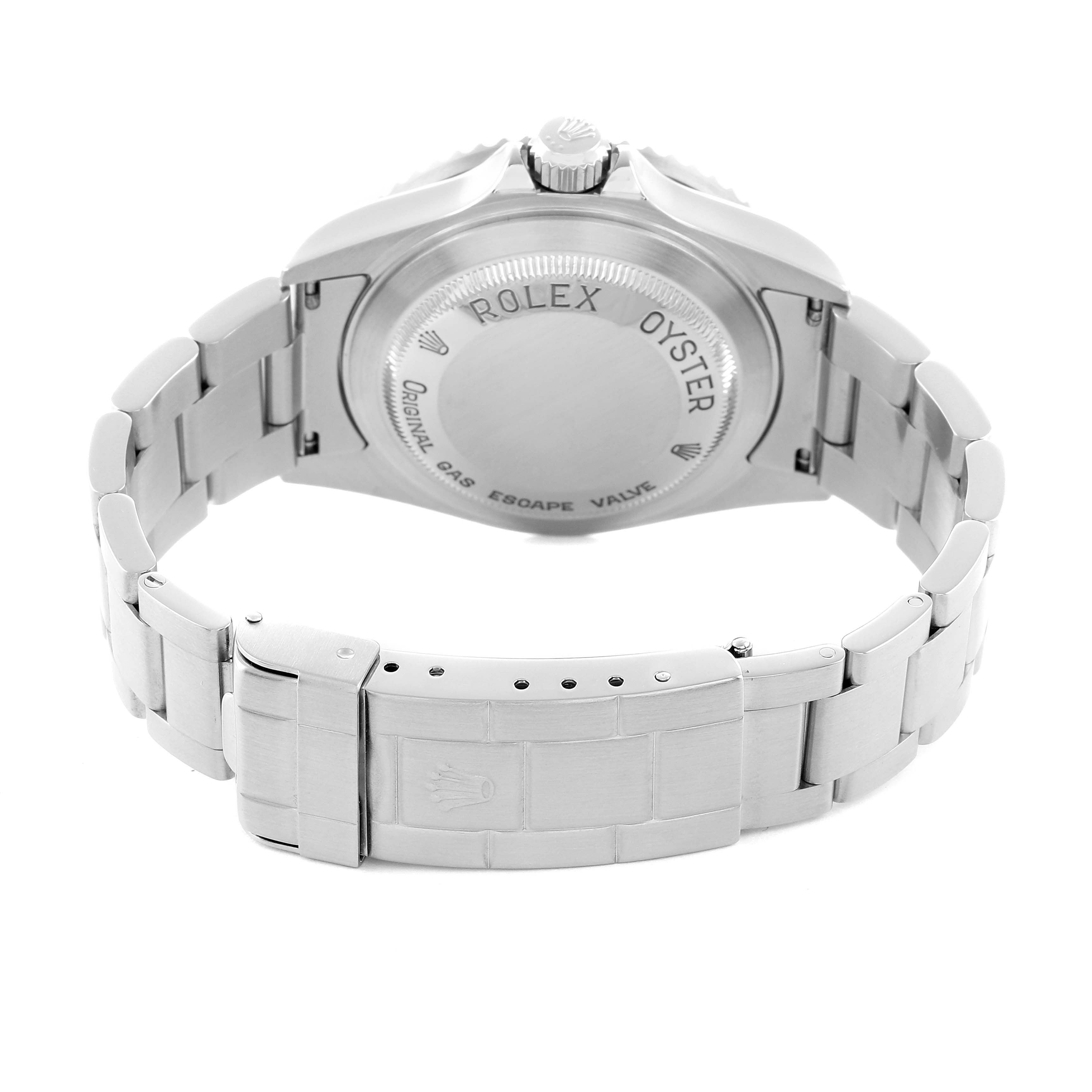 The Rolex Sea-Dweller 16600 Men's Stainless Steel Black Dial watch is shown from the back, highlighting the case back, bracelet, and clasp.