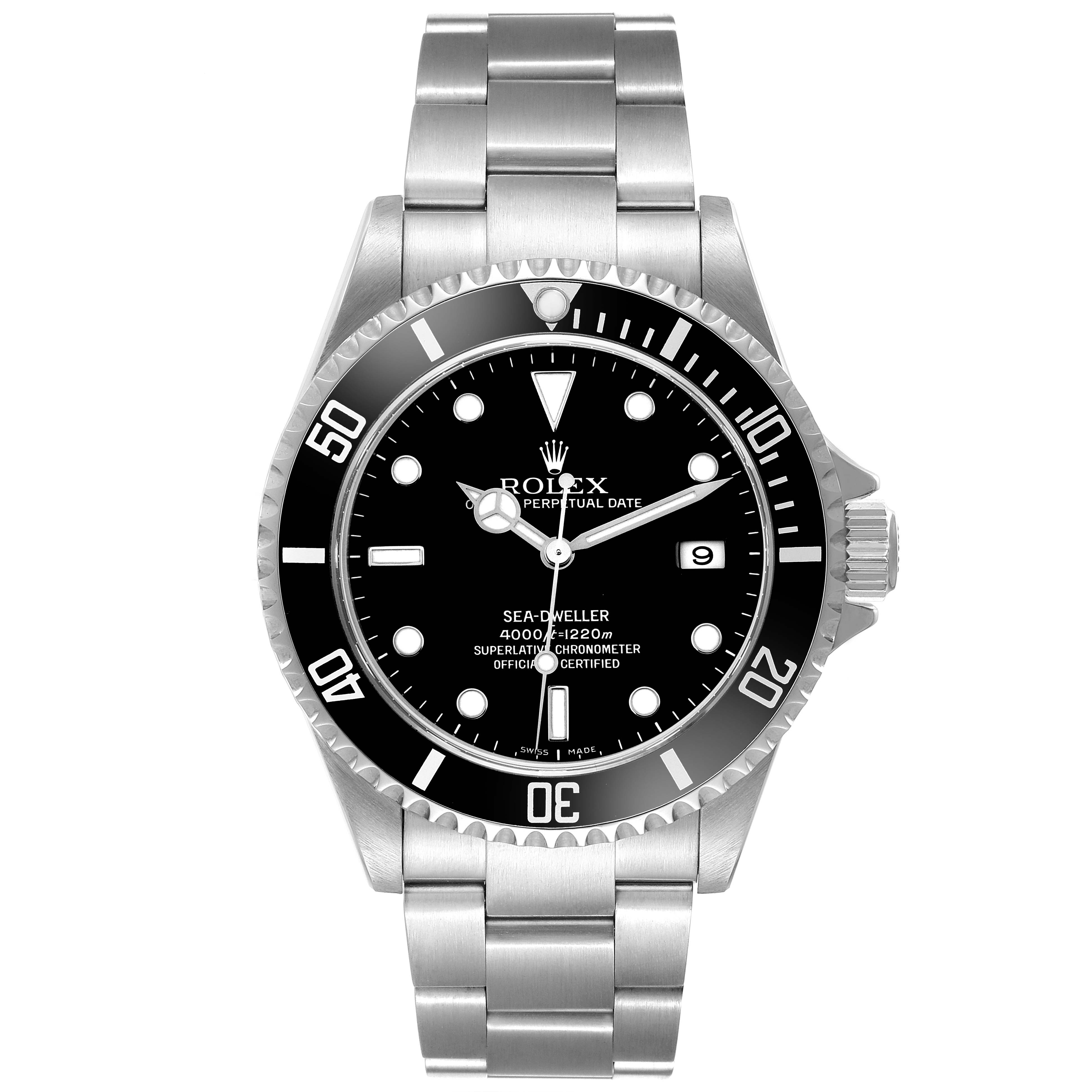 The Rolex Sea-Dweller 16600 Men's Stainless Steel Black Dial watch is shown from a front angle, featuring its bezel, dial, and bracelet.