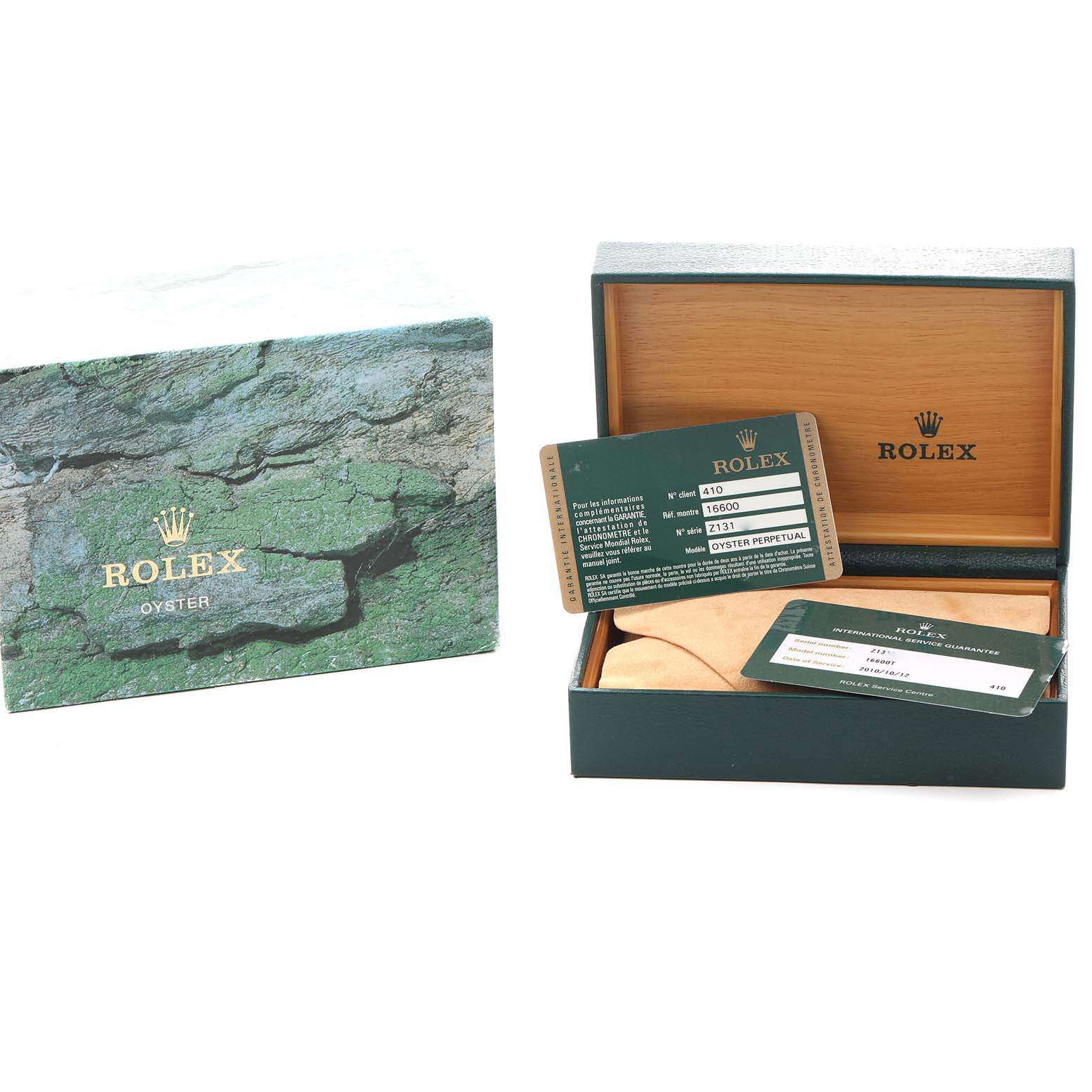 The image shows the packaging and guarantee card for the Rolex Sea-Dweller 16600 Men's Stainless Steel Black Dial, including the box and warranty card.