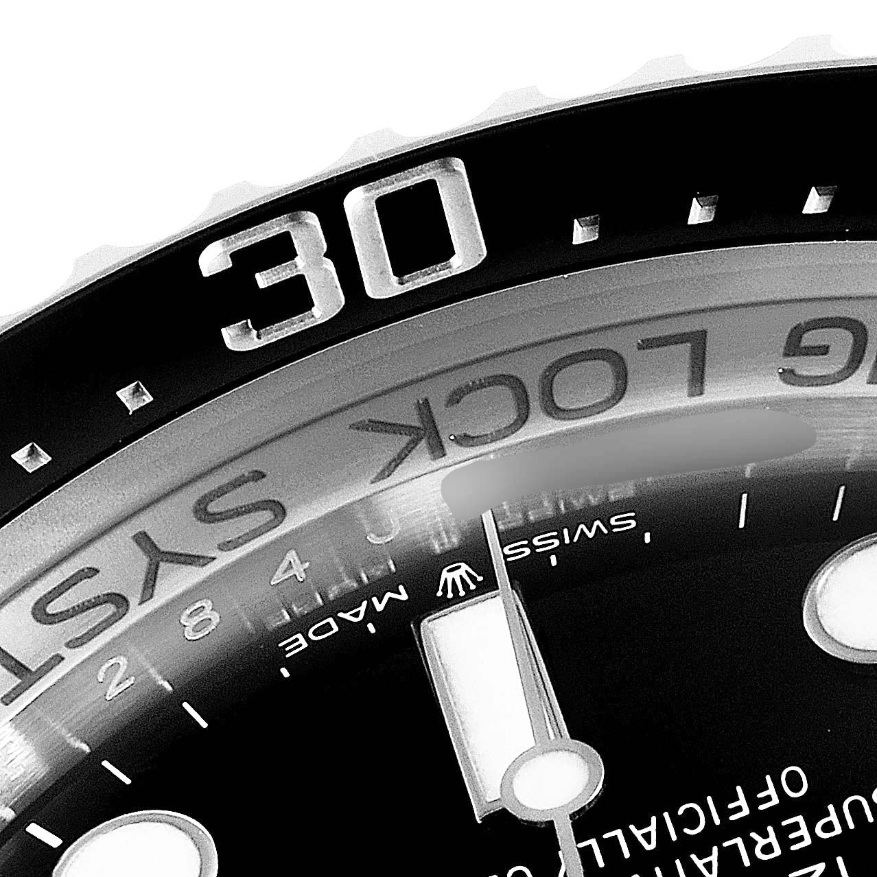 This is a close-up of the dial and bezel of a Rolex Sea-Dweller 126660 Men's Stainless Steel Blue Dial 126660 Men's Stainless Steel Blue Dial watch, showing part of the minute hand and the "30" marking on the bezel.