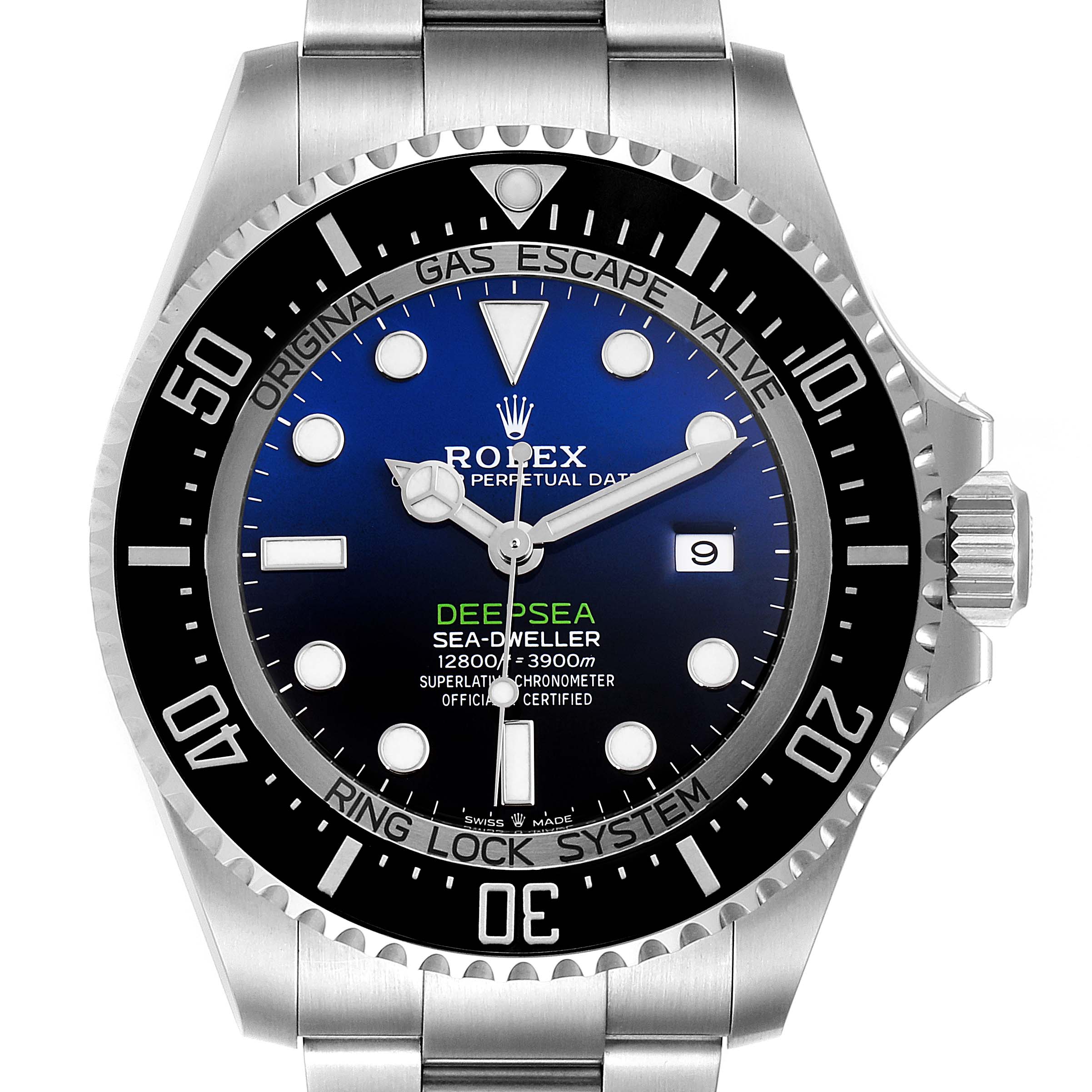 The image shows a front view of the Rolex Sea-Dweller 126660 Men's Stainless Steel Blue Dial 126660 Men's Stainless Steel Blue Dial watch, displaying the dial, bezel, case, and bracelet.