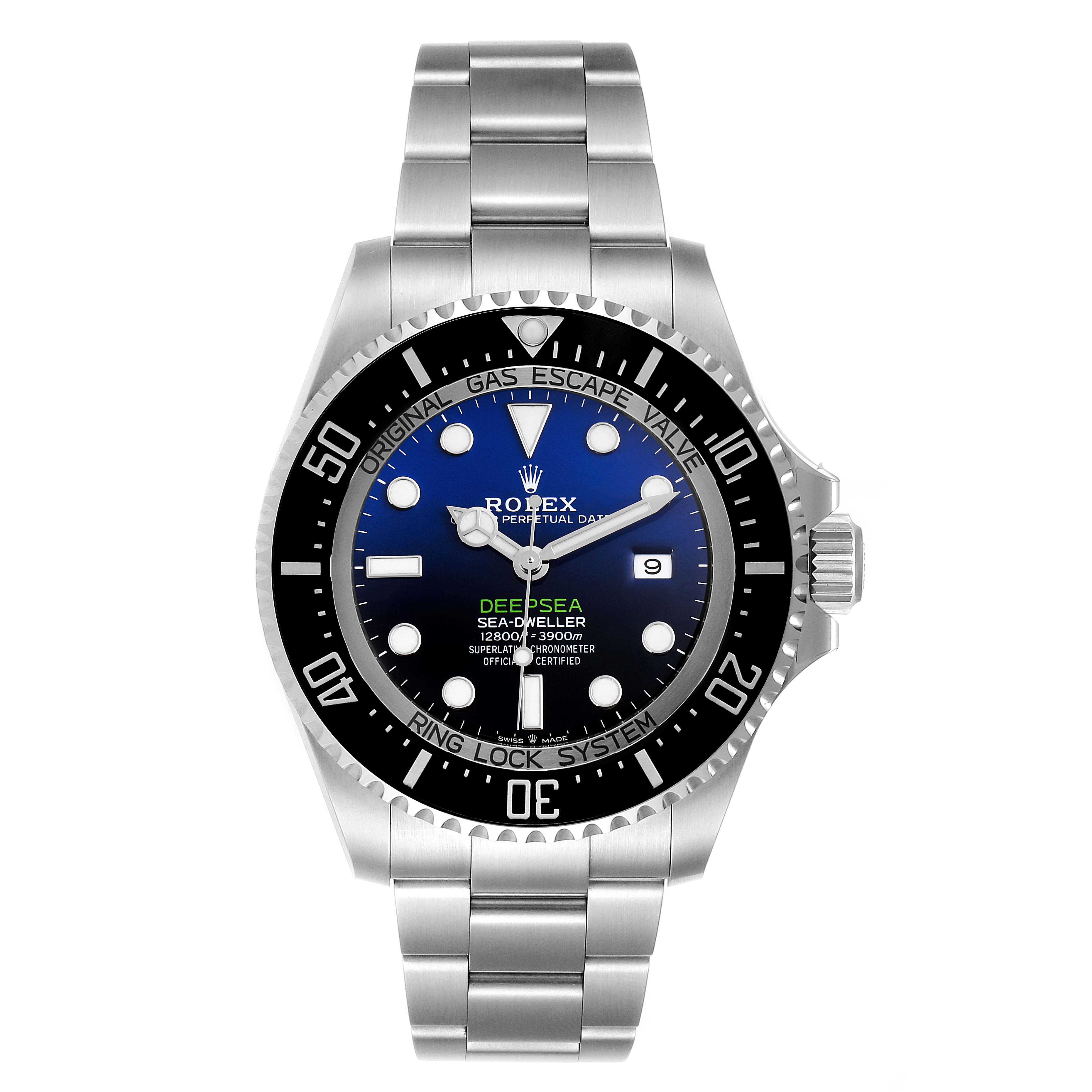 The Rolex Sea-Dweller 126660 Men's Stainless Steel Blue Dial 126660 Men's Stainless Steel Blue Dial watch is shown from a front angle, displaying its face, bezel, and metal bracelet.