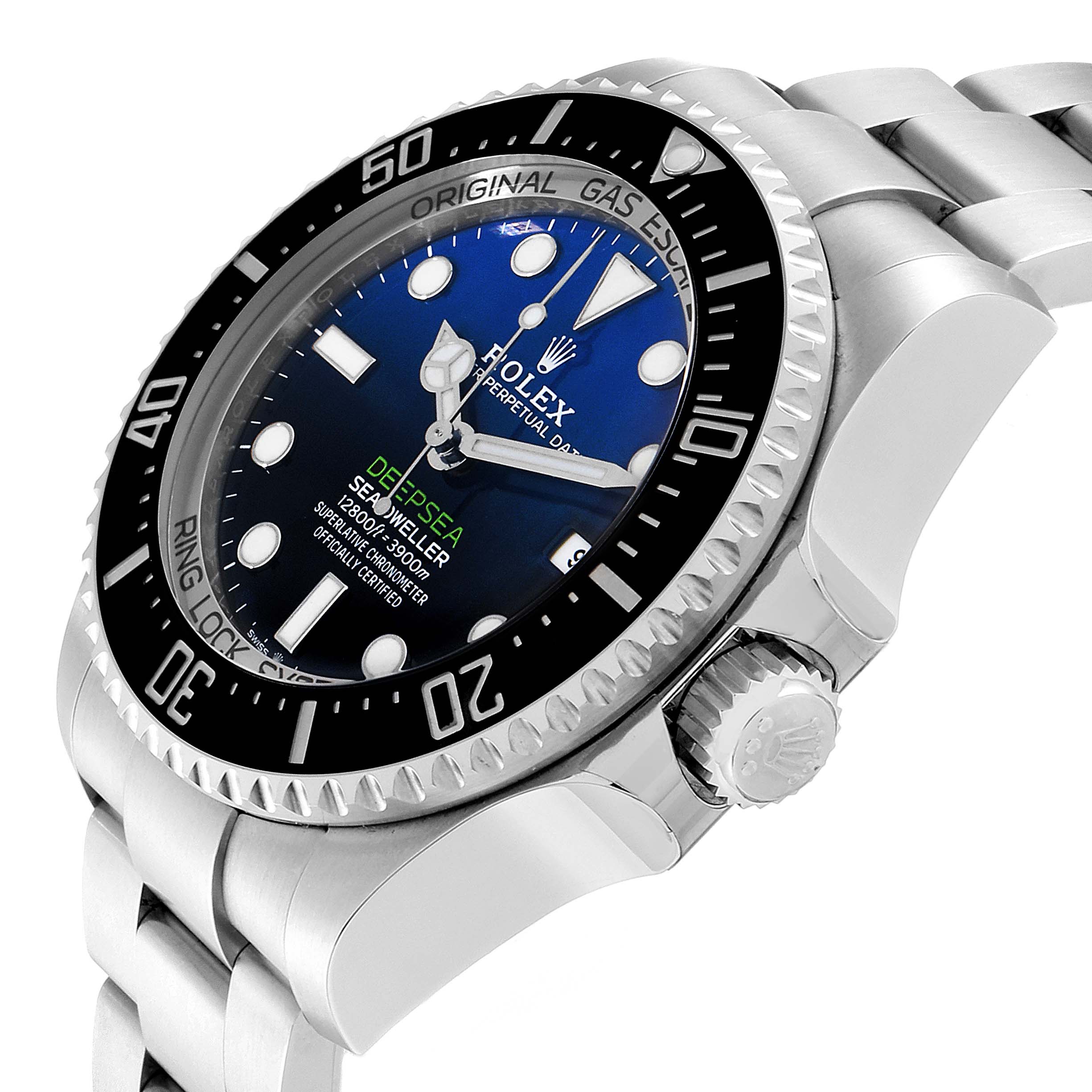The image shows a side angle of the Rolex Sea-Dweller 126660 Men's Stainless Steel Blue Dial 126660 Men's Stainless Steel Blue Dial watch, highlighting the dial, bezel, crown, and bracelet.