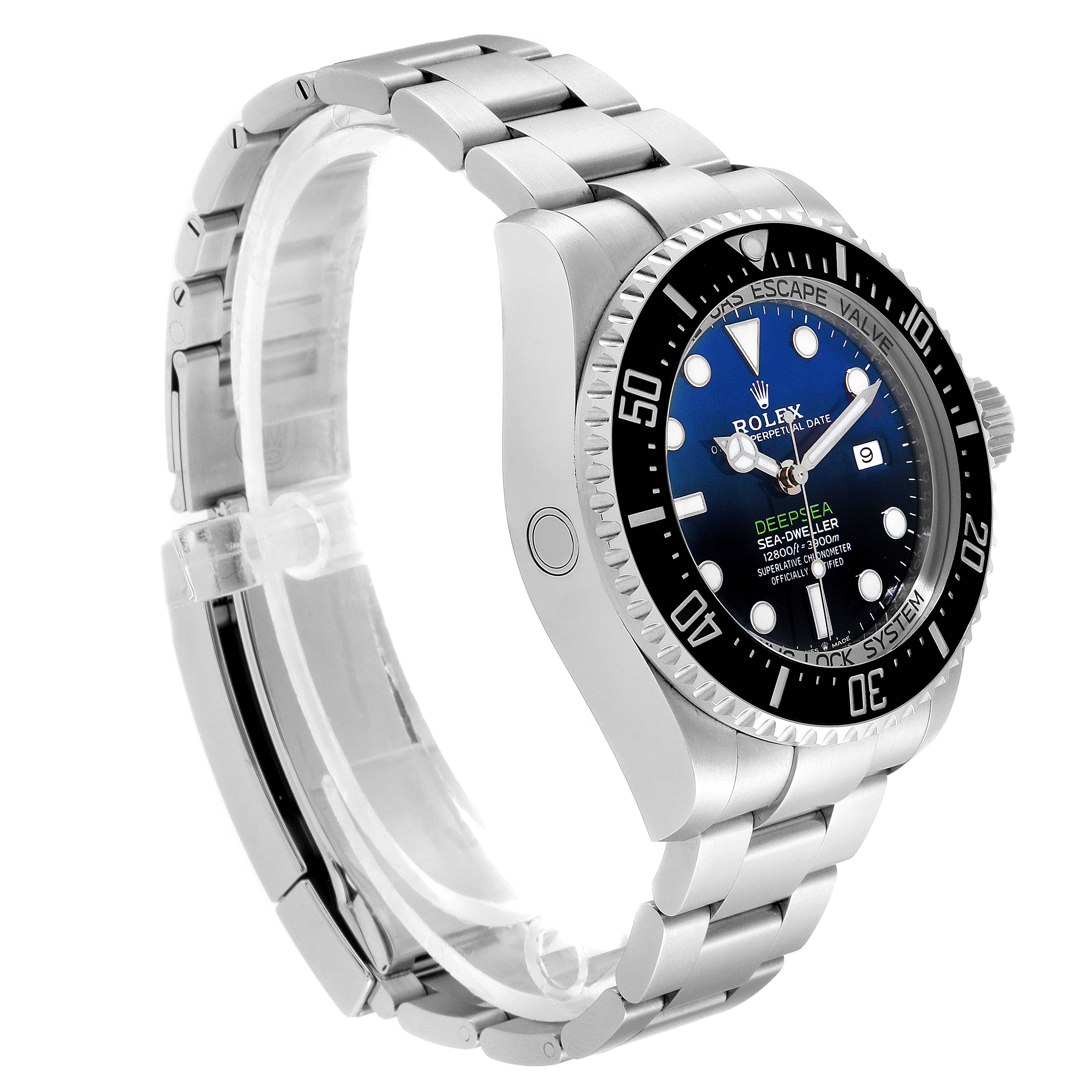 The image shows a side angle of a Rolex Sea-Dweller 126660 Men's Stainless Steel Blue Dial 126660 Men's Stainless Steel Blue Dial watch, highlighting its face, bezel, case, and bracelet.