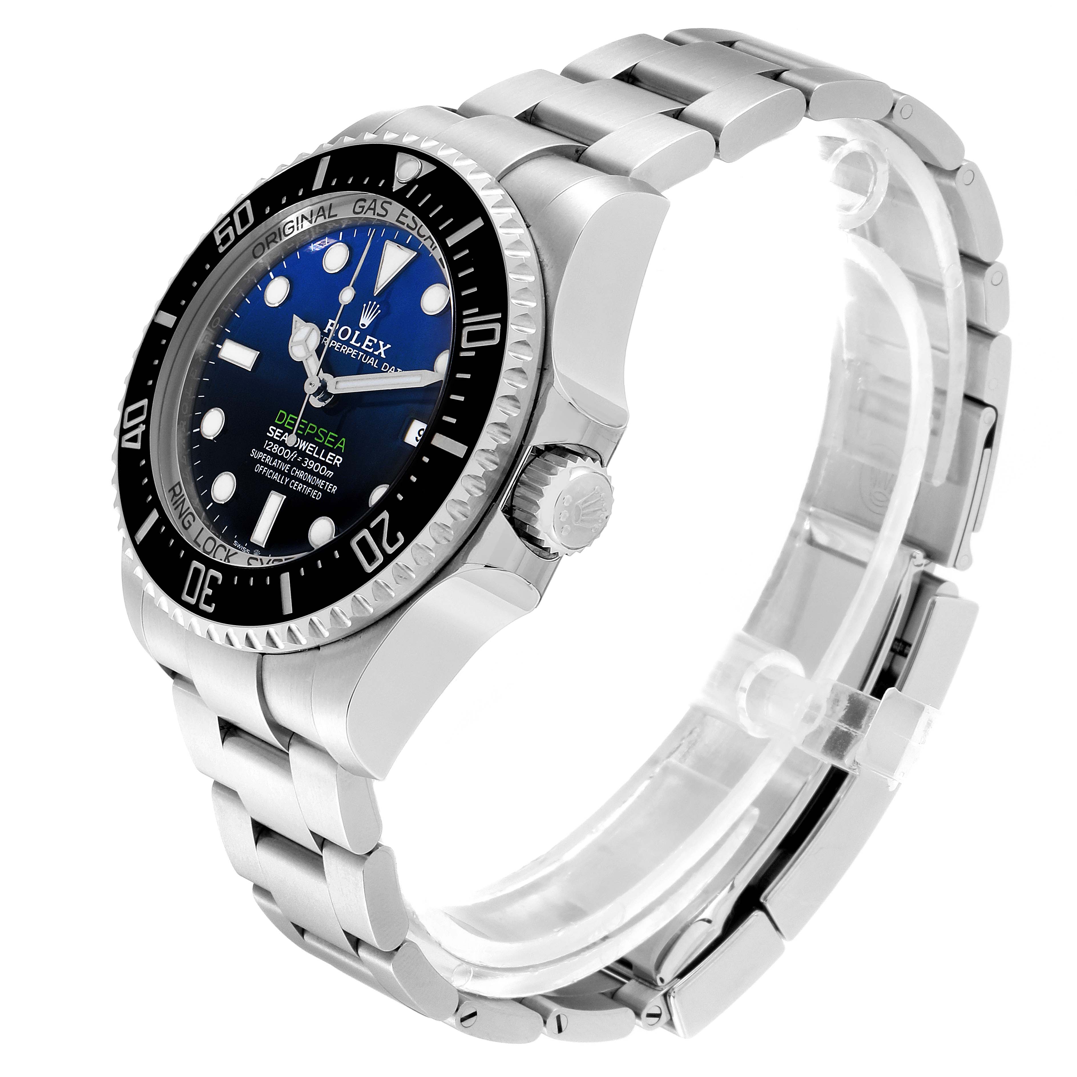 The image shows a Rolex Sea-Dweller 126660 Men's Stainless Steel Blue Dial 126660 Men's Stainless Steel Blue Dial watch at an angled side view, highlighting its bezel, crown, bracelet, and face.