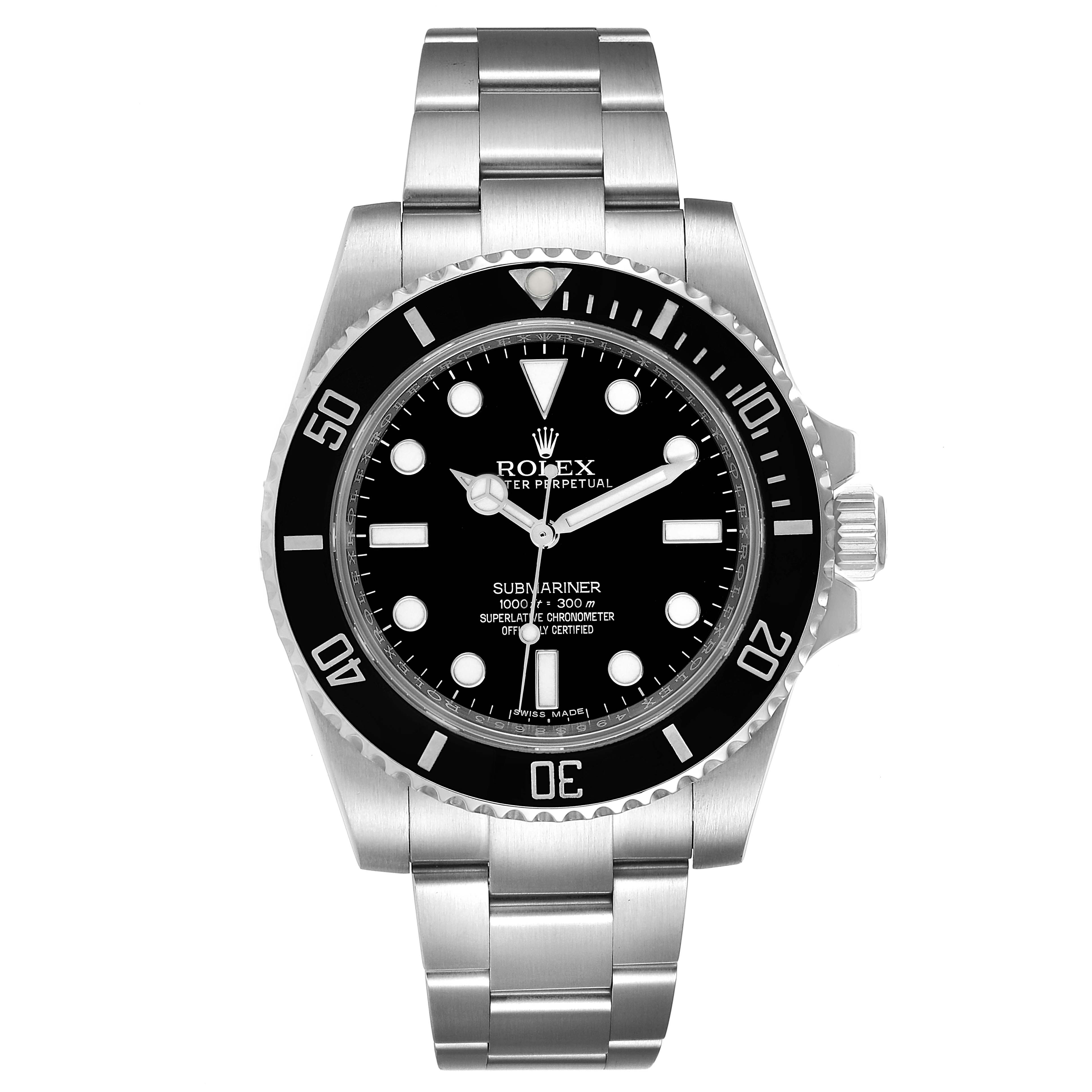 This image shows a front view of a Rolex Submariner 114060 Men
s Stainless Steel Black Dial 114060 Men
s Stainless Steel Black Dial watch, highlighting its face, bezel, and stainless steel bracelet.