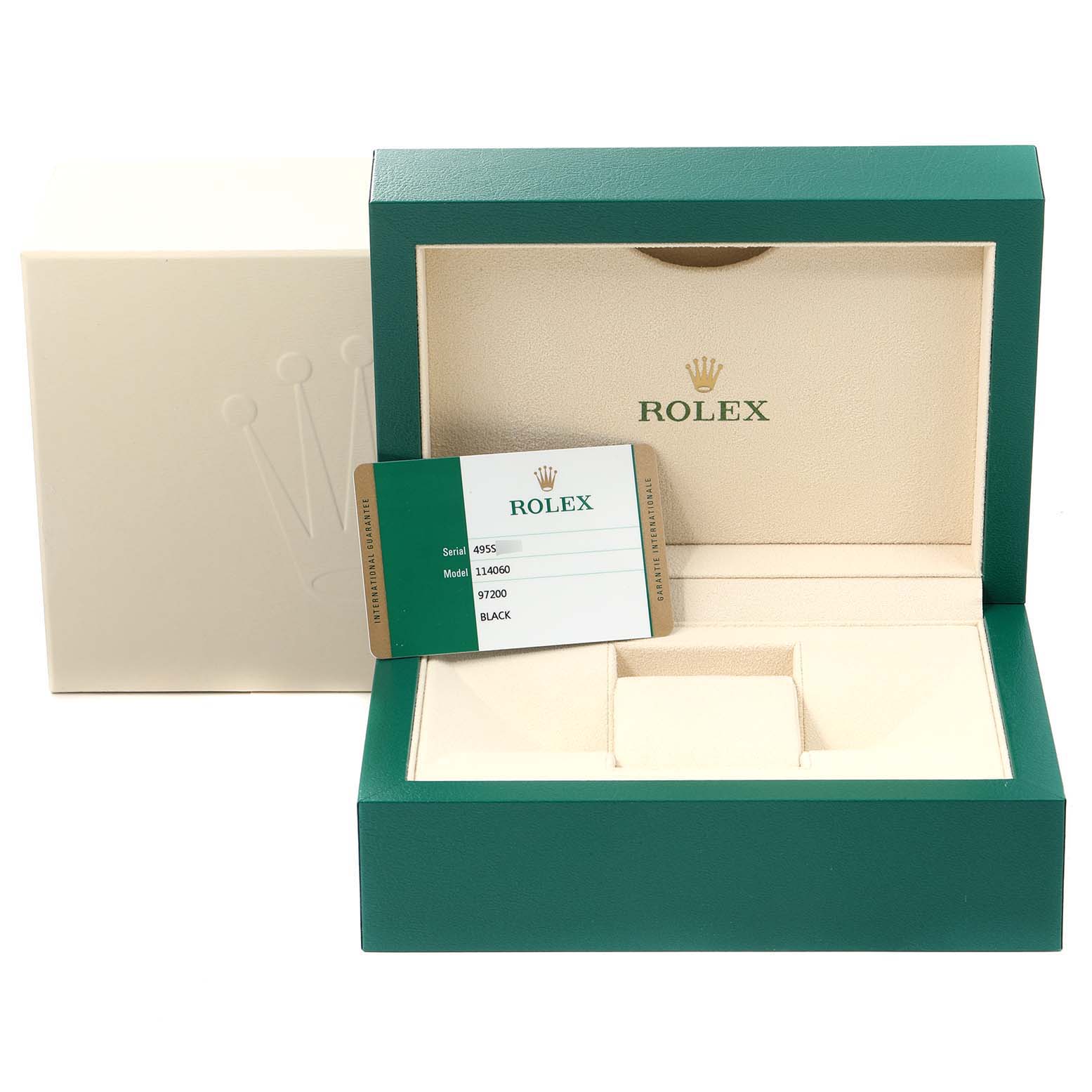 This image shows the open box and warranty card for a Rolex Submariner 114060 Men
s Stainless Steel Black Dial 114060 Men
s Stainless Steel Black Dial watch.