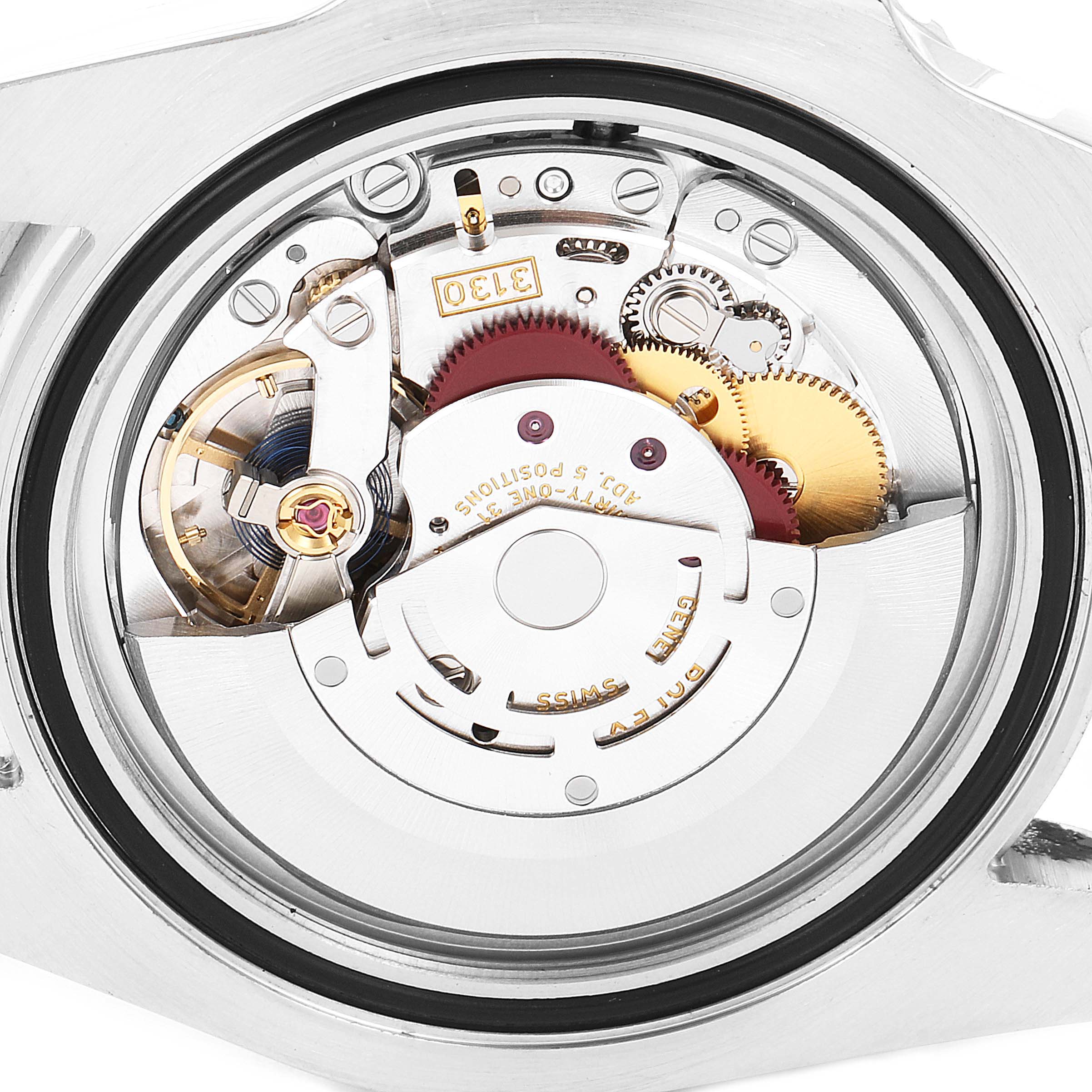 This image shows the inner mechanical movement and components of a Rolex Submariner 114060 Men
s Stainless Steel Black Dial 114060 Men
s Stainless Steel Black Dial watch from a back view angle.