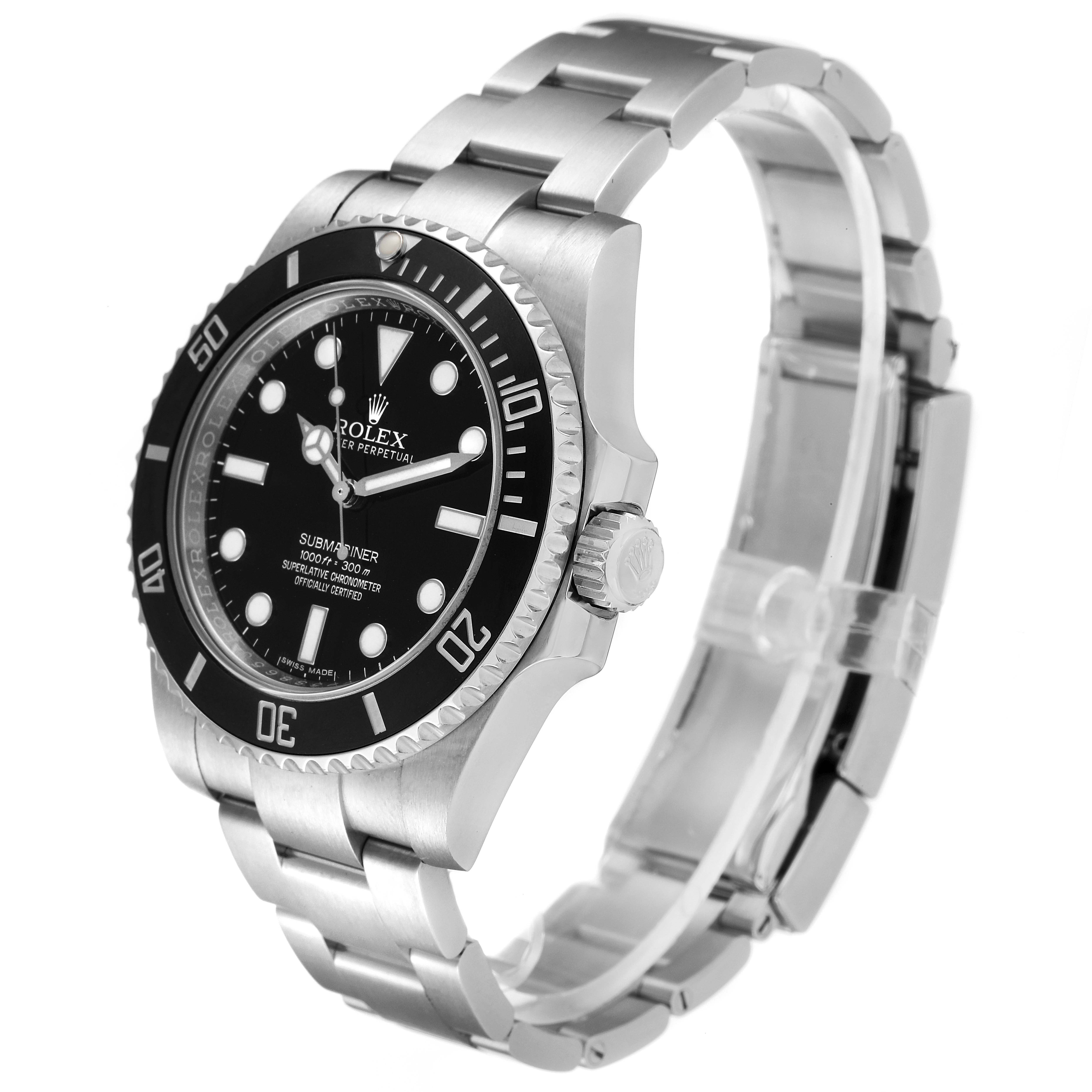 The Rolex Submariner 114060 Men
s Stainless Steel Black Dial 114060 Men
s Stainless Steel Black Dial watch is shown at a three-quarter angle, displaying its face, bezel, crown, and bracelet.