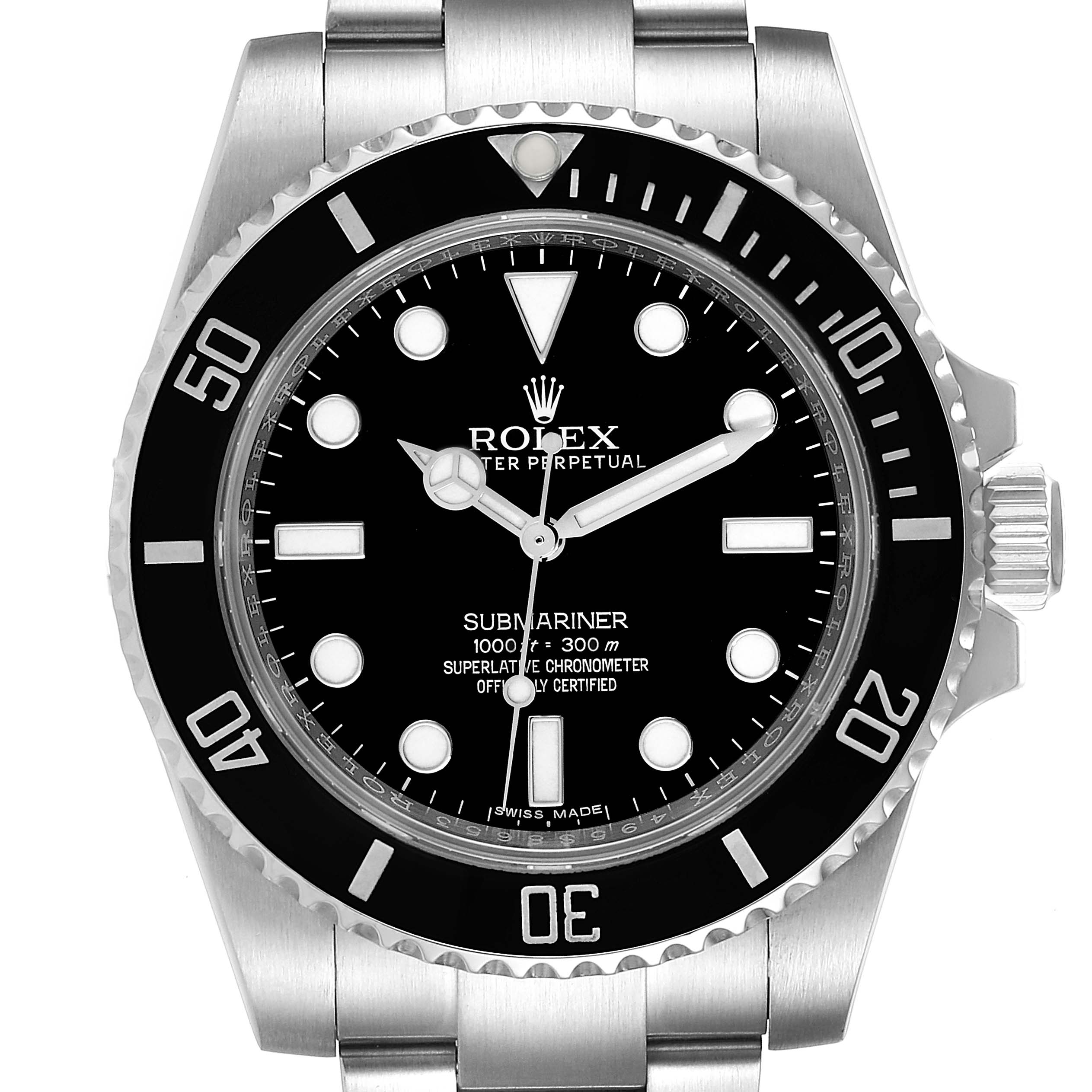 The image shows a front view of the Rolex Submariner 114060 Men
s Stainless Steel Black Dial 114060 Men
s Stainless Steel Black Dial watch, highlighting its dial and bezel.